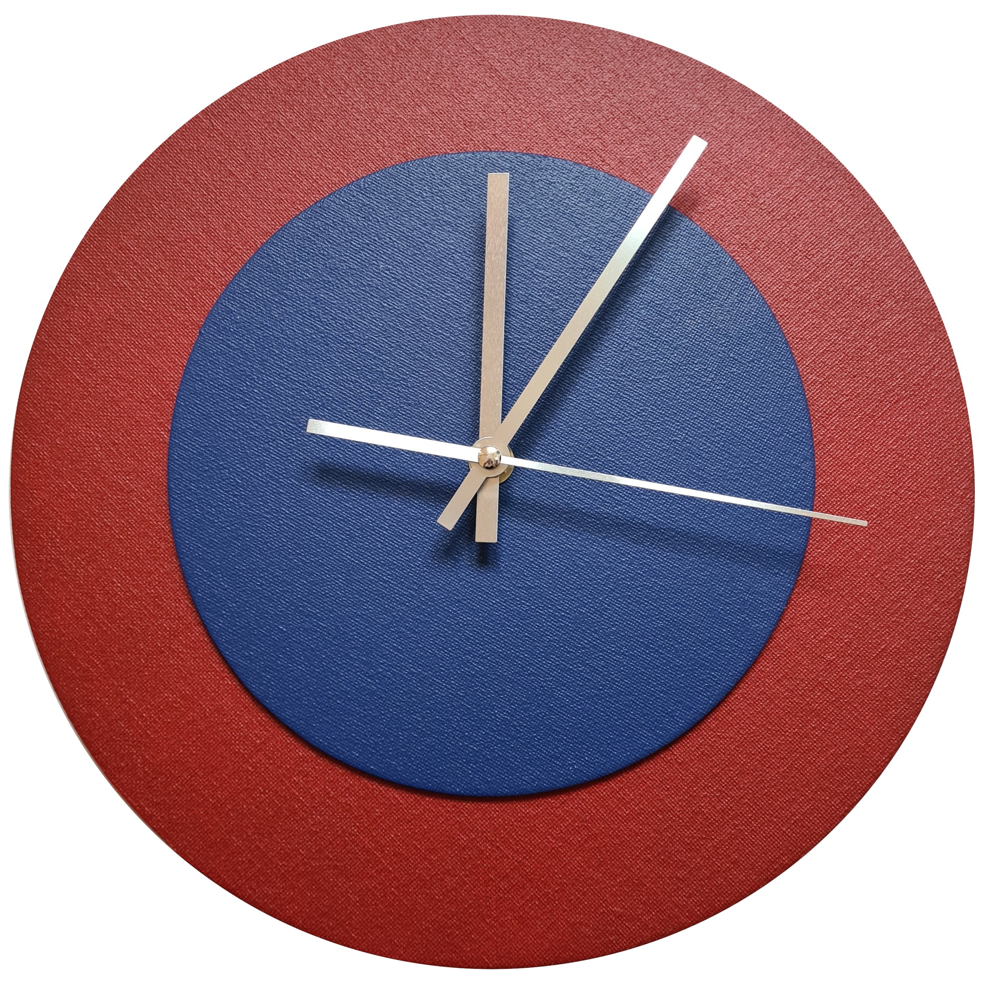 Pop Art Wanduhr Dunkelrot  Dunkelblau mit silbernen Zeigern 30 cm rund
