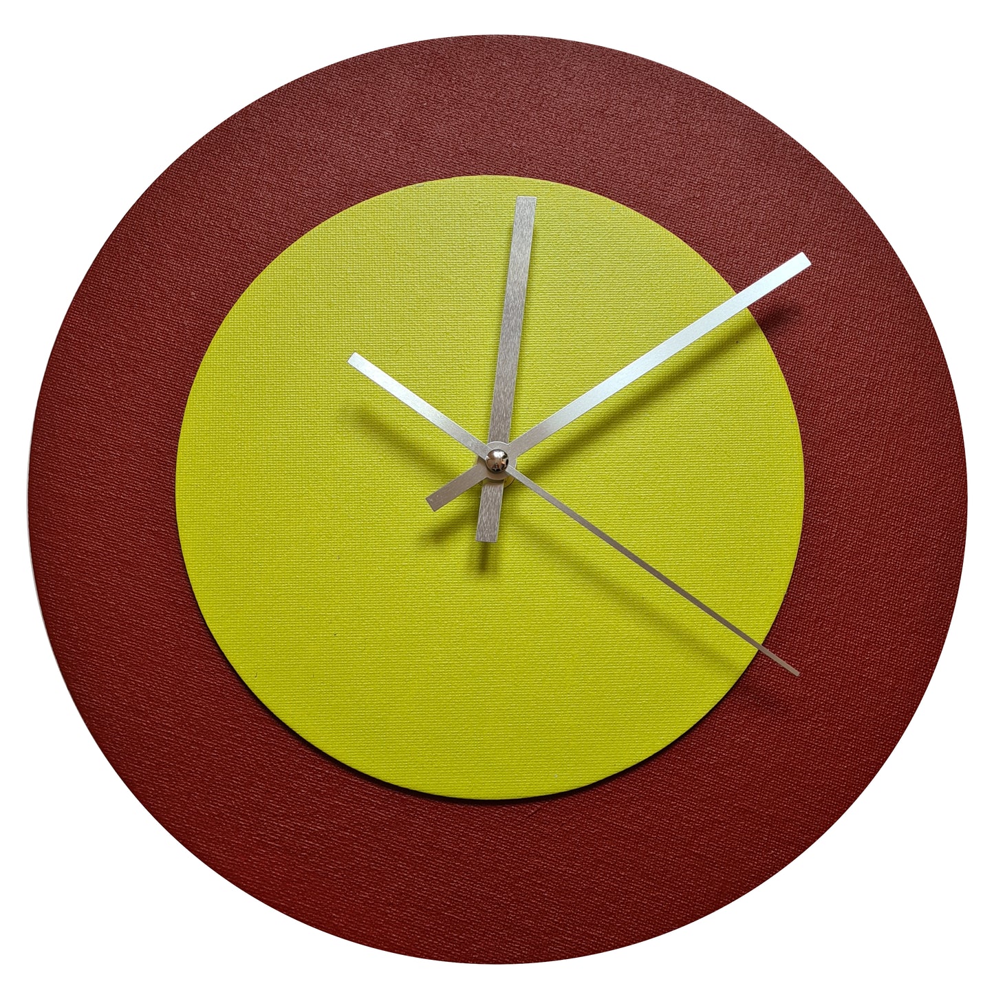 Pop Art Wanduhr Dunkelrot  Farngrün mit silbernen Zeigern 30 cm rund
