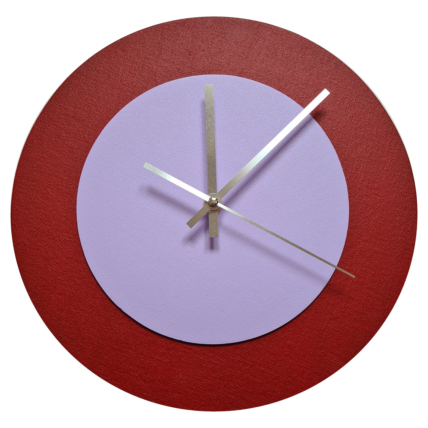 Pop Art Wanduhr Dunkelrot  Fliederfarben mit silbernen Zeigern 30 cm rund
