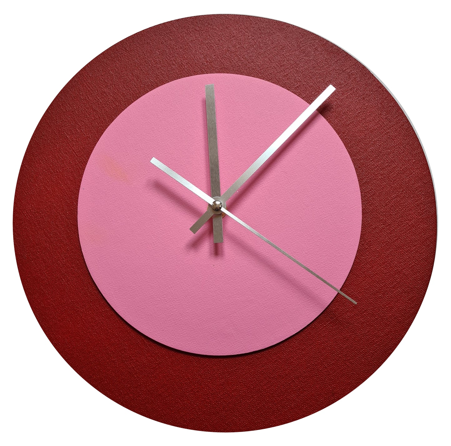 Pop Art Wanduhr Dunkelrot  Rosafarben mit silbernen Zeigern 30 cm rund
