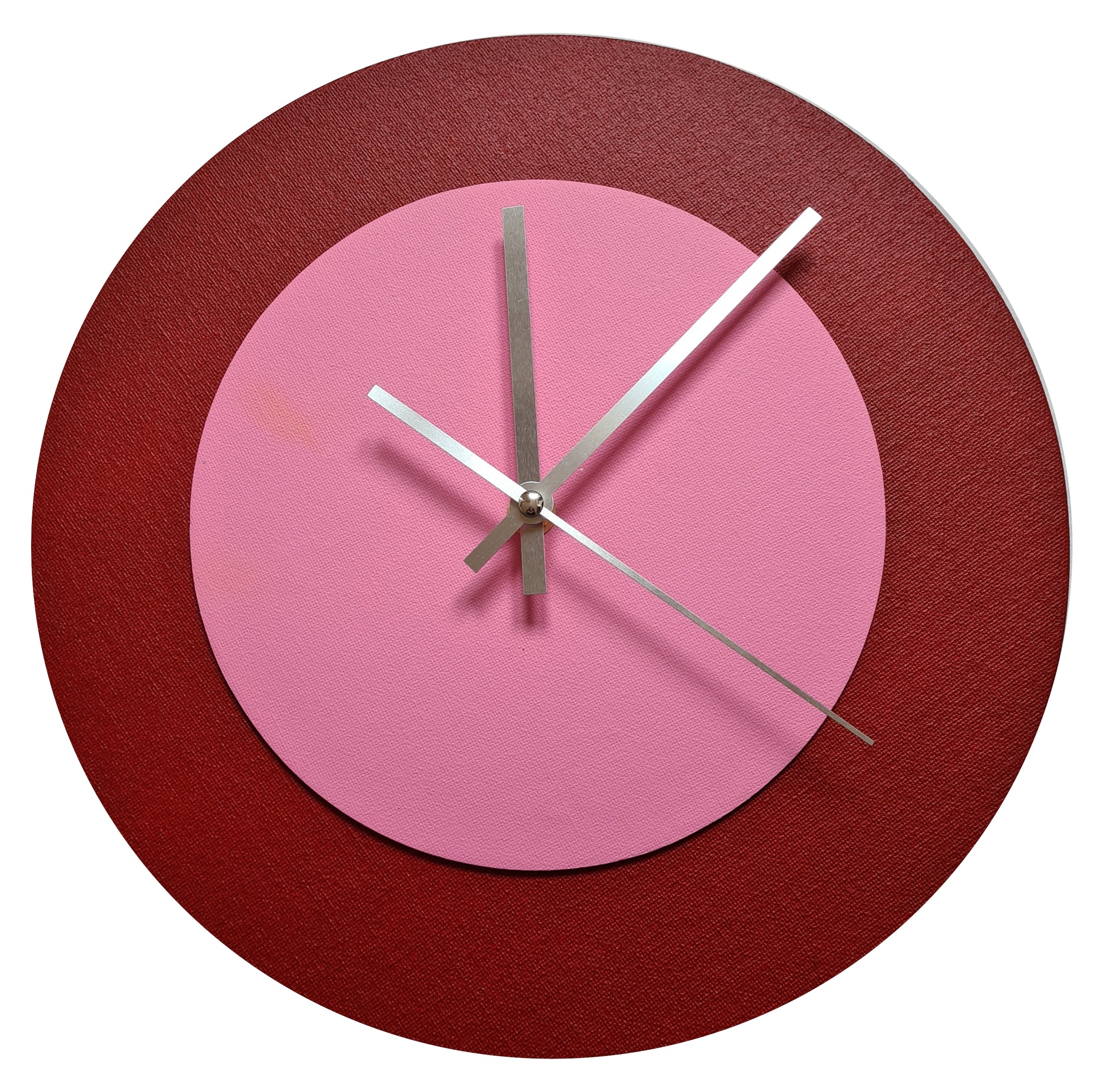 Pop Art Wanduhr Dunkelrot  Rosafarben mit silbernen Zeigern 30 cm rund
