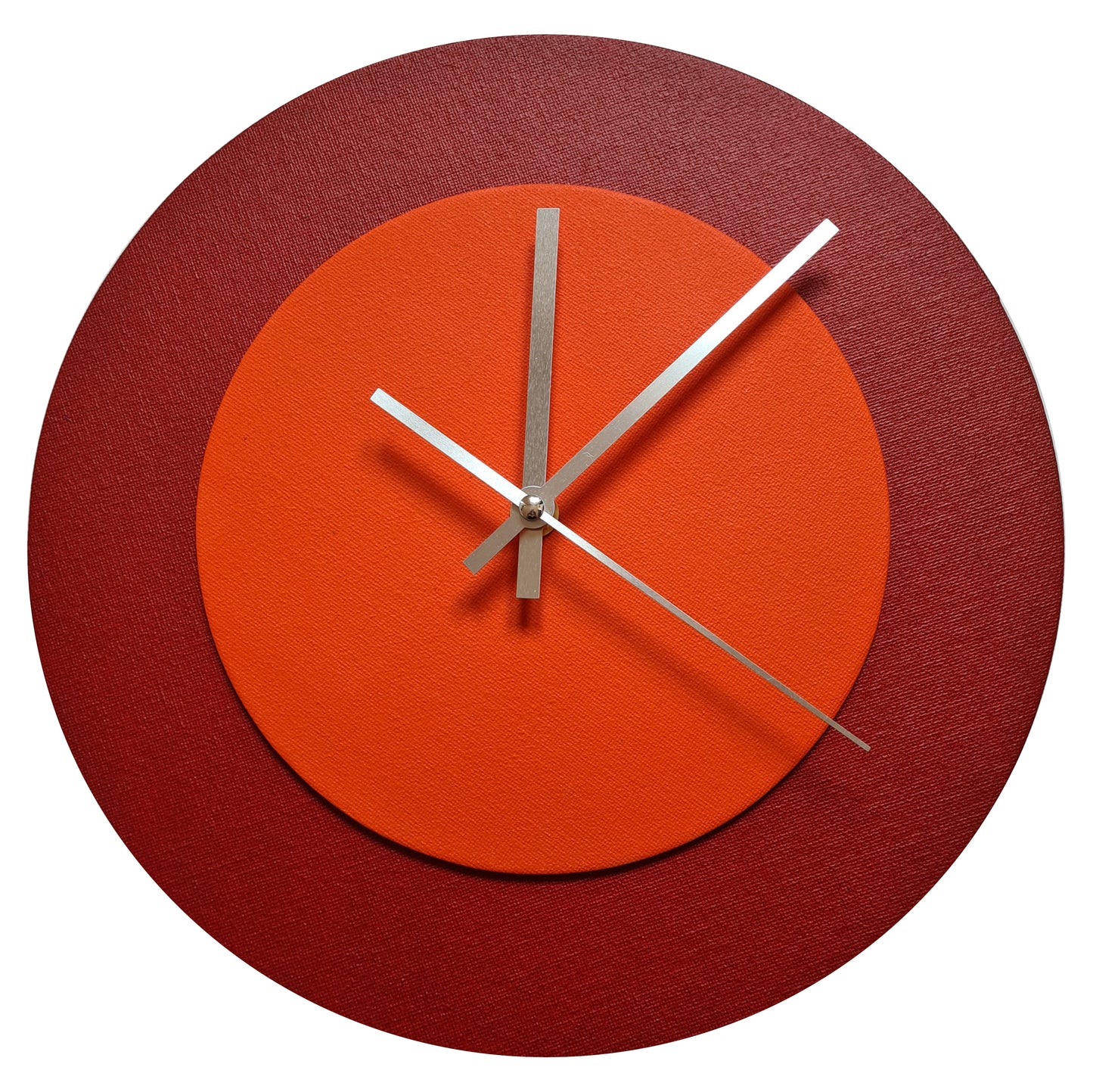 Pop Art Wanduhr Dunkelrot  Orangefarben mit silbernen Zeigern 30 cm rund
