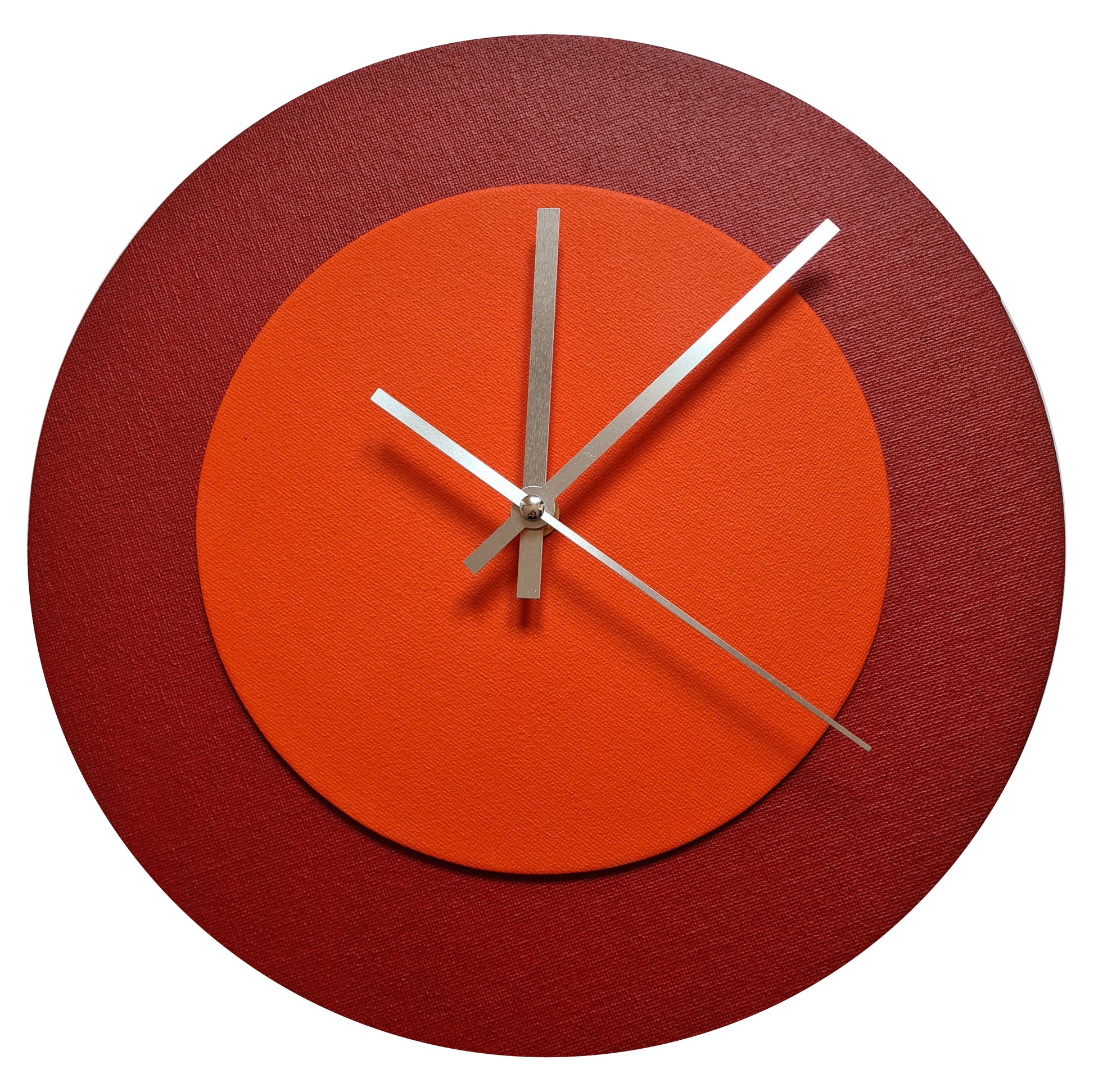 Pop Art Wanduhr Dunkelrot  Orangefarben mit silbernen Zeigern 30 cm rund
