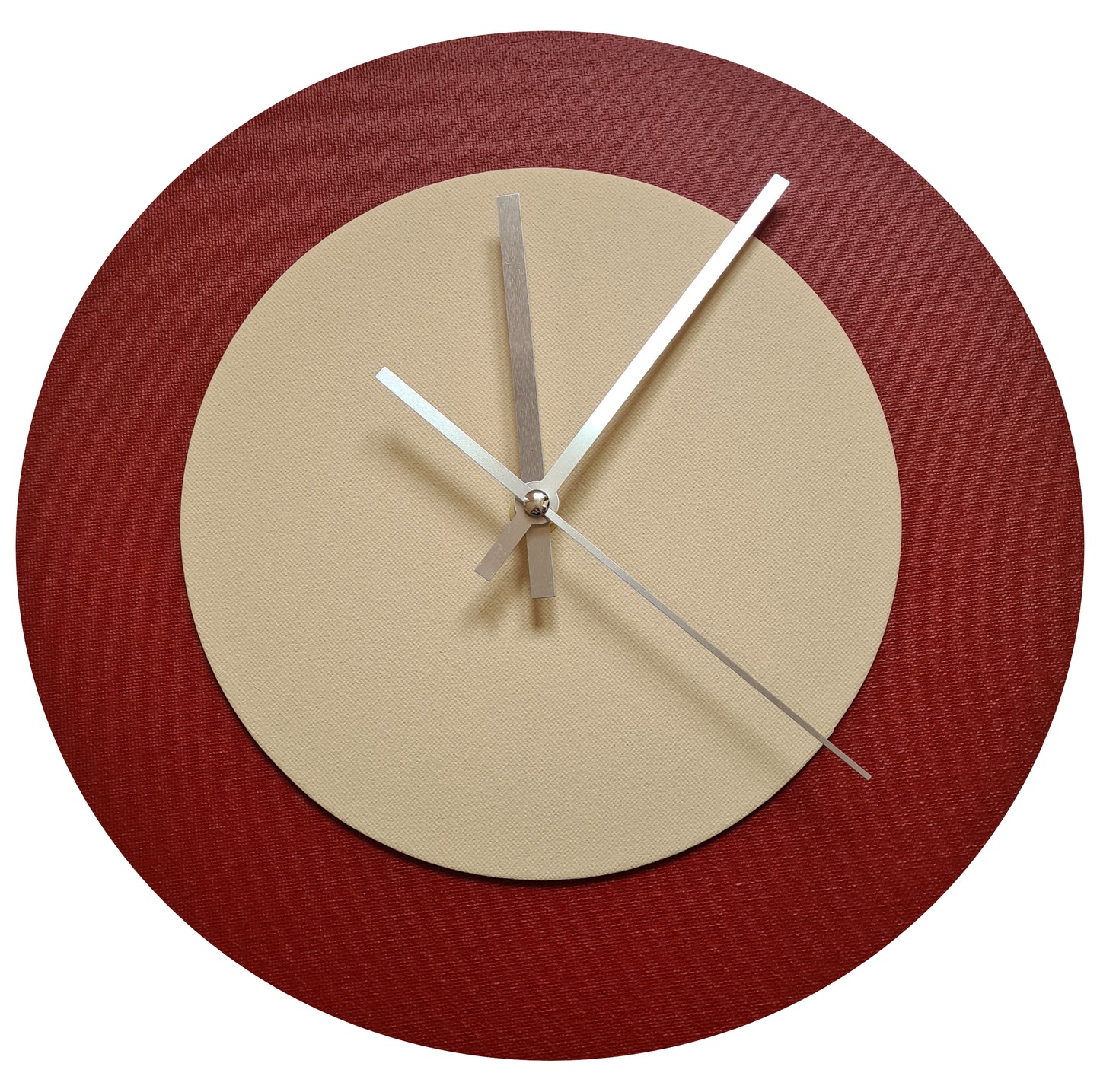 Pop Art Wanduhr Dunkelrot  Cremefarben mit silbernen Zeigern 30 cm rund
