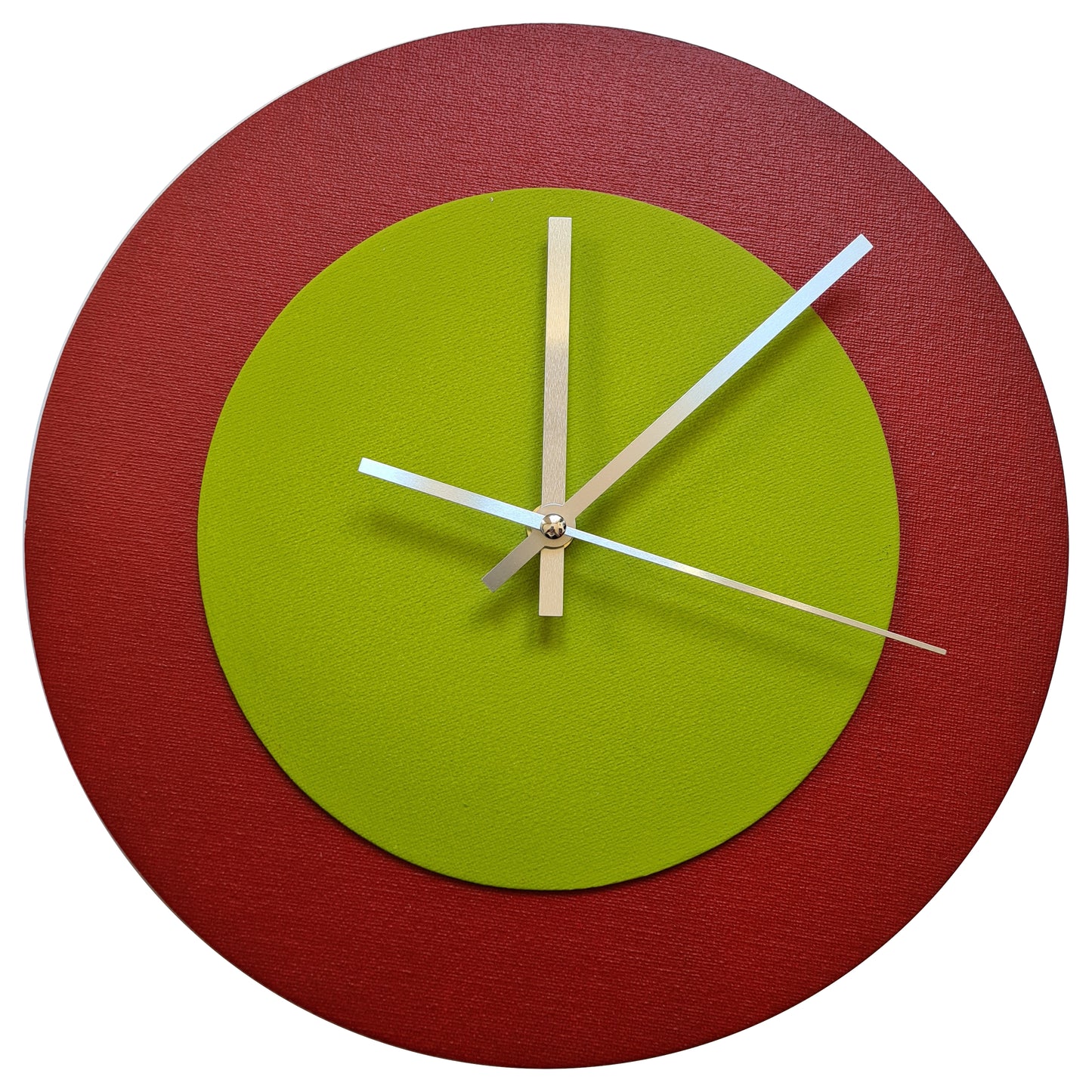 Pop Art Wanduhr Dunkelrot  Olivgrün mit silbernen Zeigern 30 cm rund
