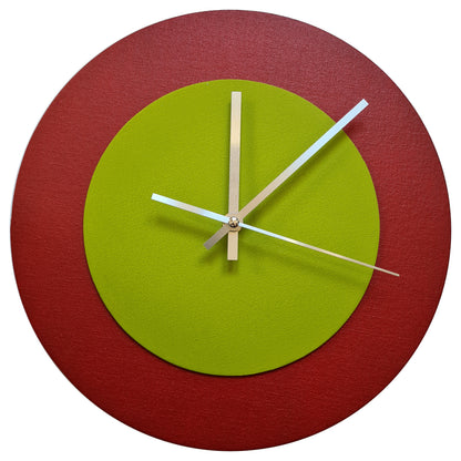 Pop Art Wanduhr Dunkelrot  Olivgrün mit silbernen Zeigern 30 cm rund
