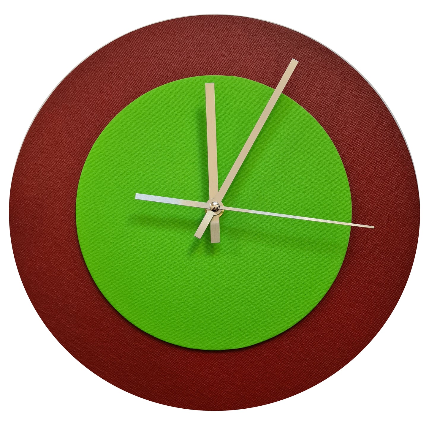 Pop Art Wanduhr Dunkelrot  Hellgrün mit silbernen Zeigern 30 cm rund
