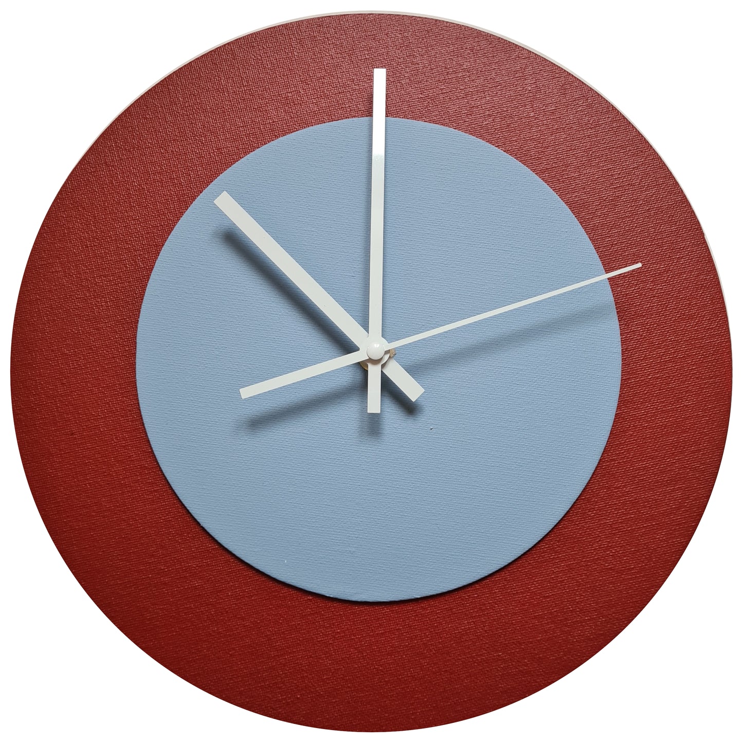 Pop Art Wanduhr Dunkelrot Hellblau  mit weißen Zeigern 30 cm rund

