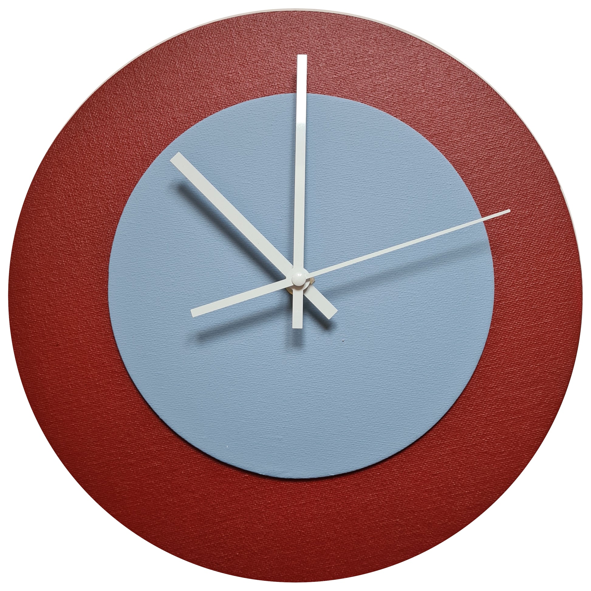 Pop Art Wanduhr Dunkelrot Hellblau  mit weißen Zeigern 30 cm rund
