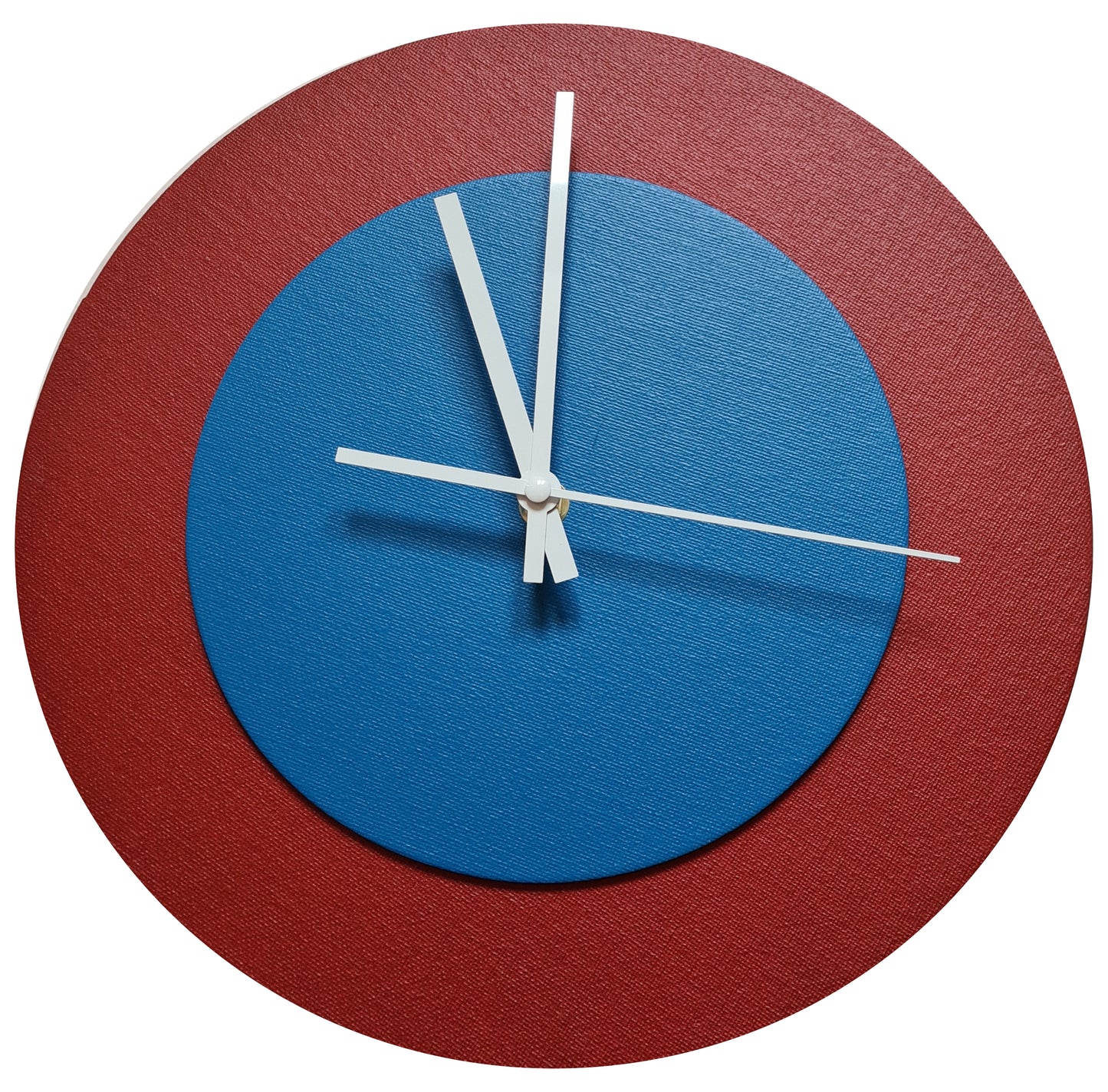 Pop Art Wanduhr Dunkelrot  Mittelblau mit weißen Zeigern 30 cm rund
