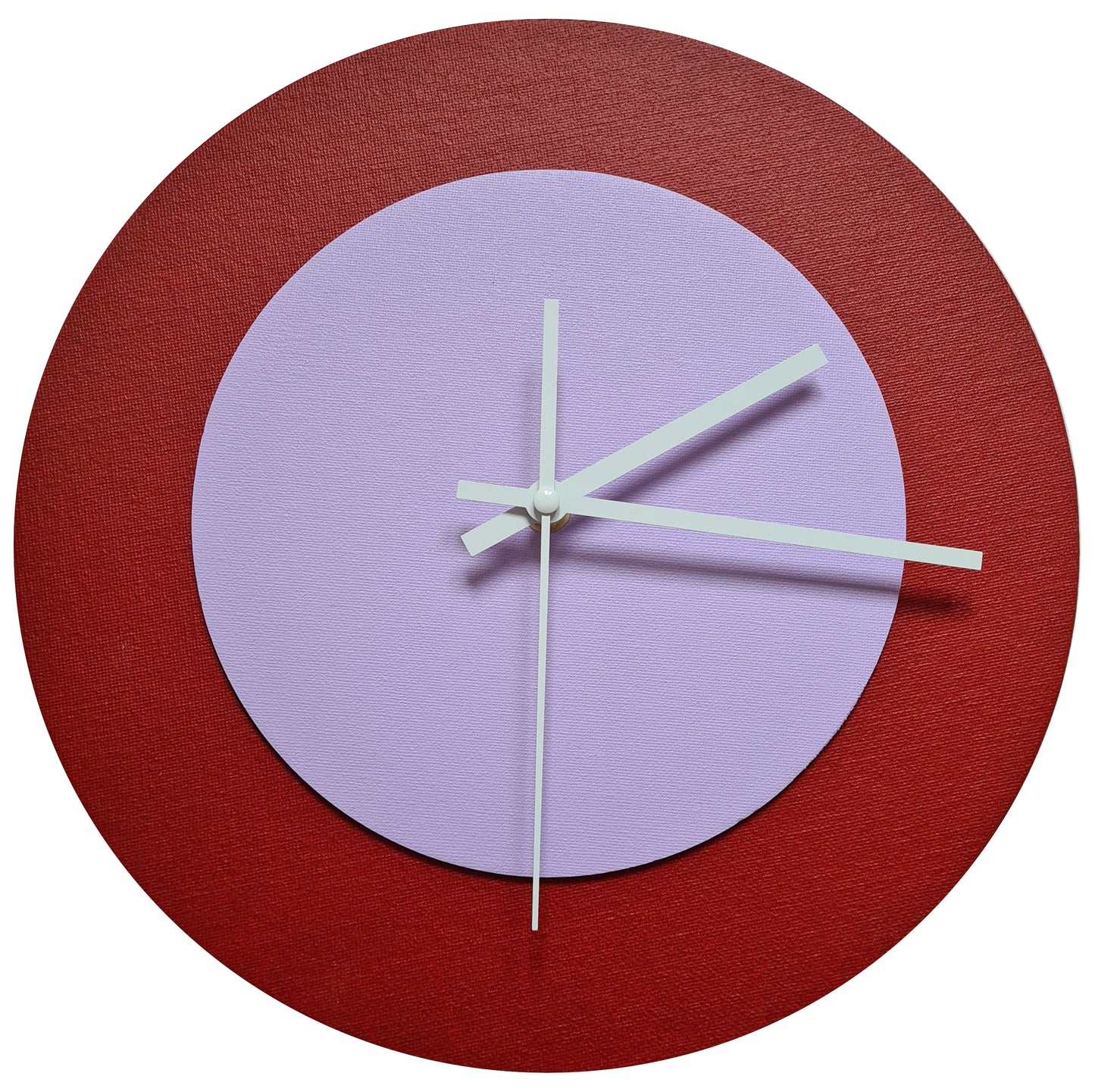 Pop Art Wanduhr Dunkelrot  Fliederfarben mit weißen Zeigern 30 cm rund
