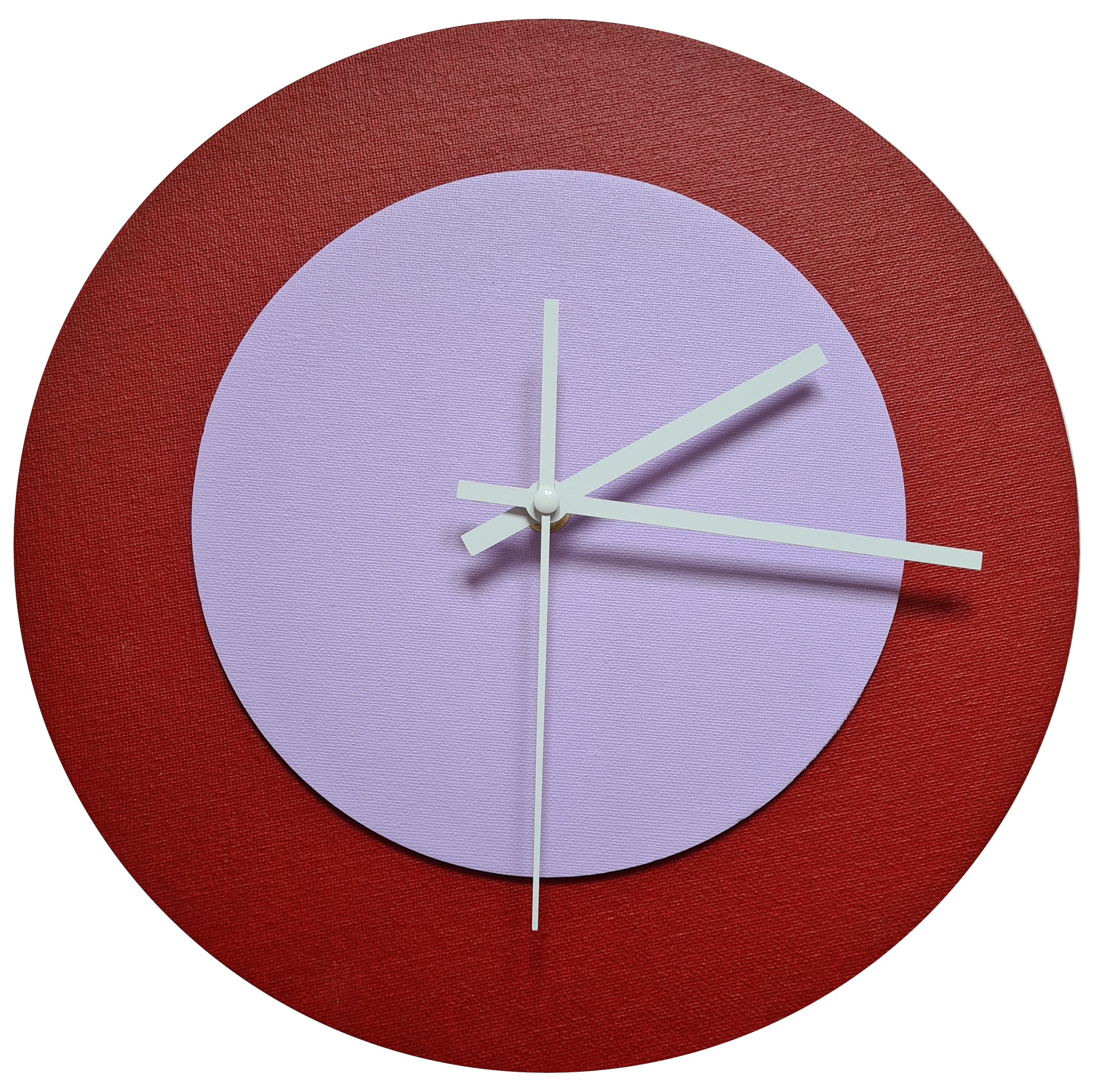 Pop Art Wanduhr Dunkelrot  Fliederfarben mit weißen Zeigern 30 cm rund
