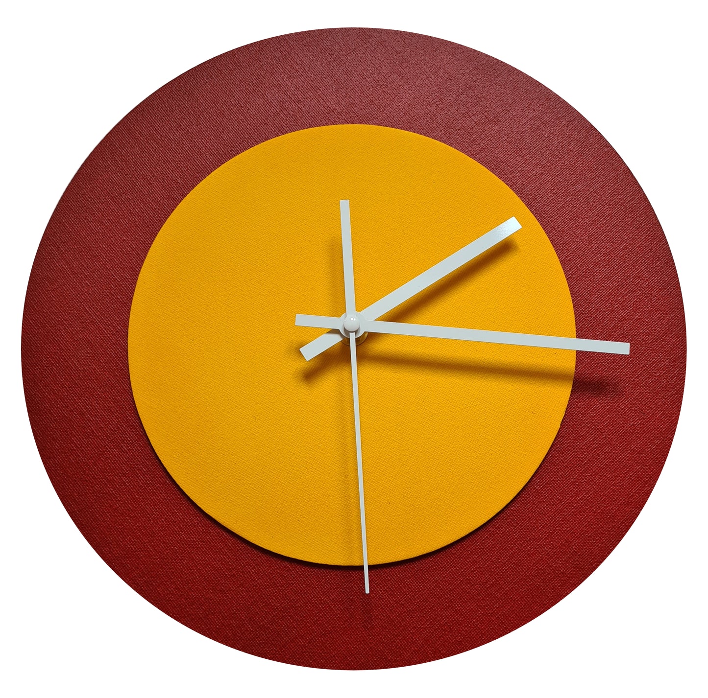 Pop Art Wanduhr Dunkelrot  Sonnengelb mit weißen Zeigern 30 cm rund
