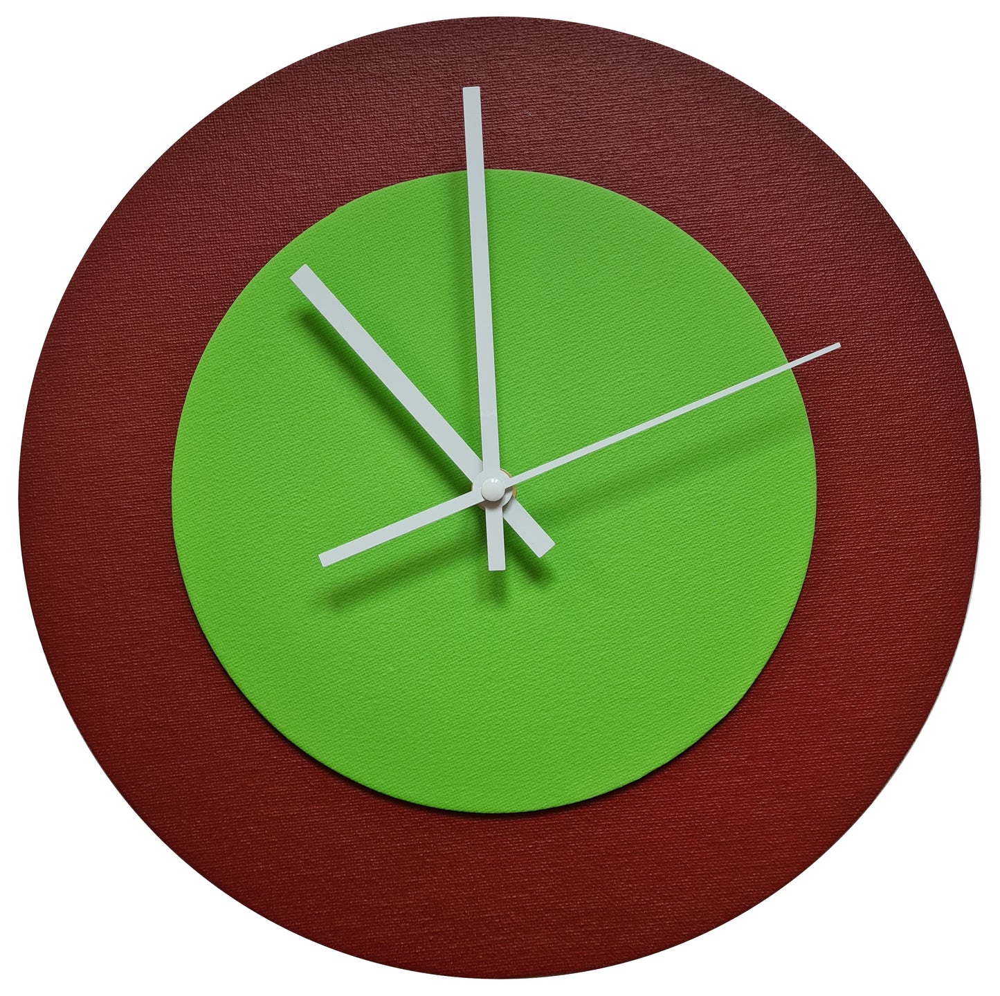Pop Art Wanduhr Dunkelrot  Hellgrün mit weißen Zeigern 30 cm rund
