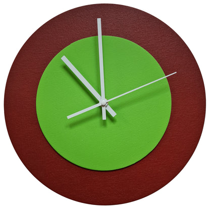 Pop Art Wanduhr Dunkelrot  Hellgrün mit weißen Zeigern 30 cm rund
