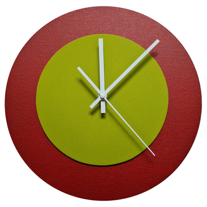 Pop Art Wanduhr Dunkelrot  Olivgrün mit weißen Zeigern 30 cm rund
