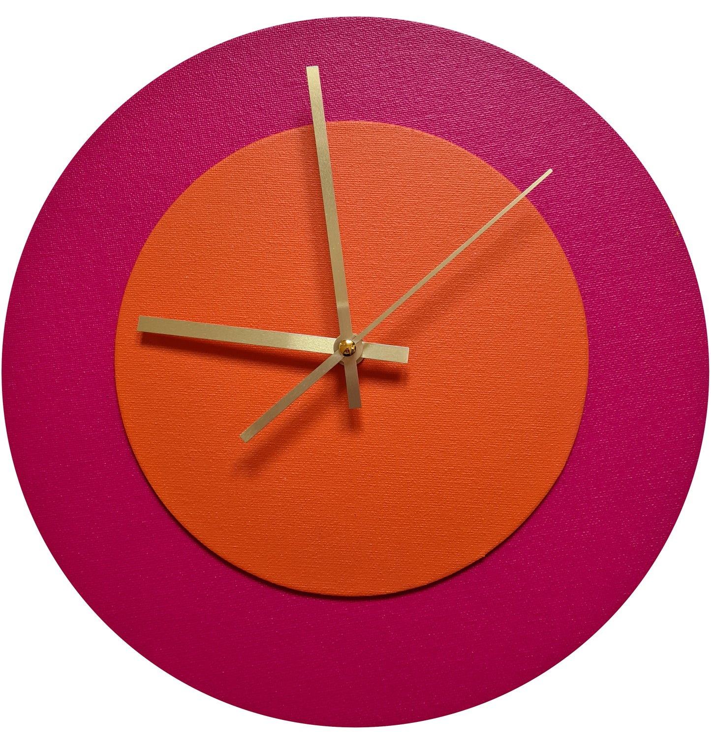 Pop Art Wanduhr Magenta Orangefarben mit goldenen Zeigern 30 cm rund
