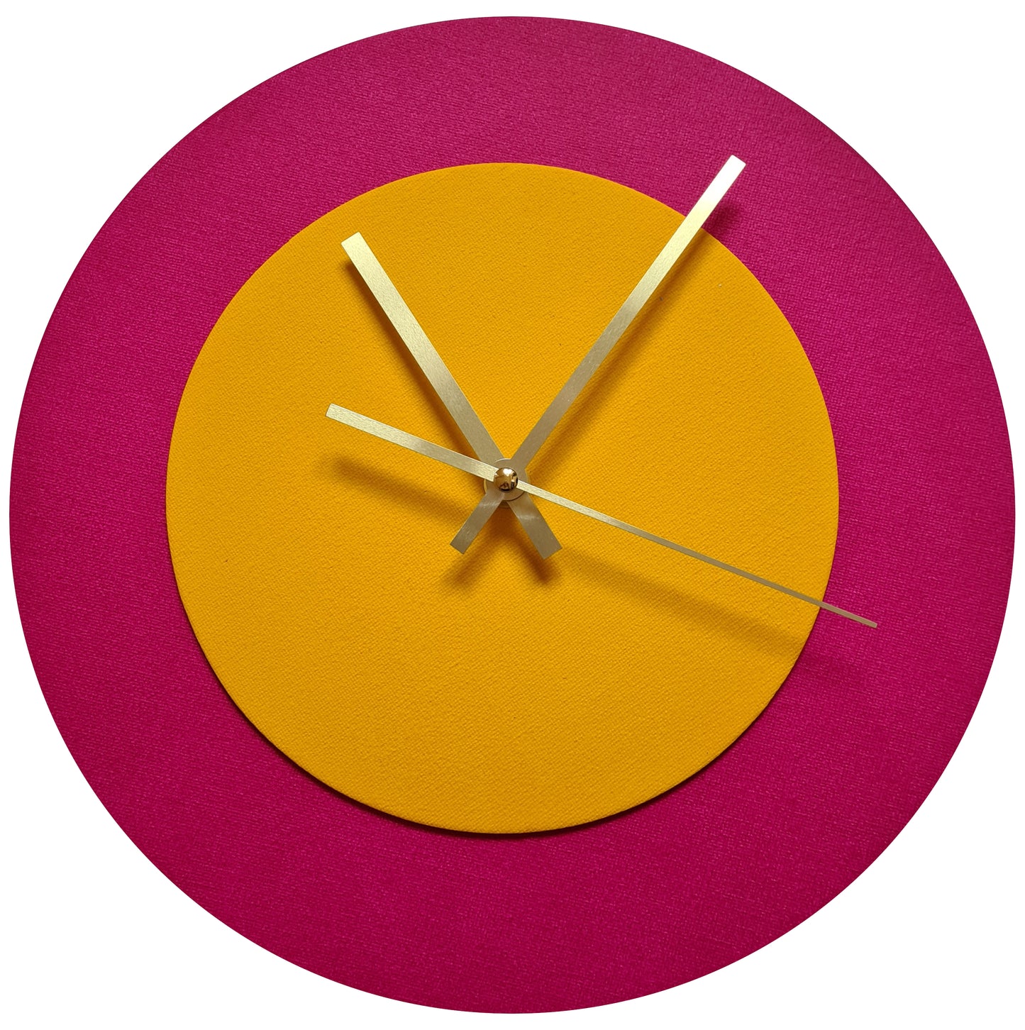 Pop Art Wanduhr Magenta  Sonnengelb mit goldenen Zeigern 30 cm rund

