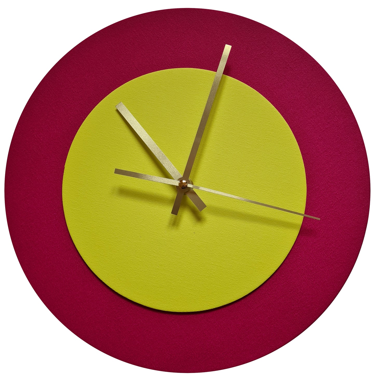 Pop Art Wanduhr Magenta  Hellgelb mit goldenen Zeigern 30 cm rund
