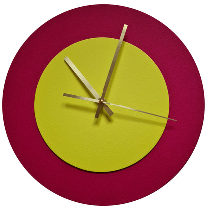 Pop Art Wanduhr Magenta  Hellgelb mit goldenen Zeigern 30 cm rund
