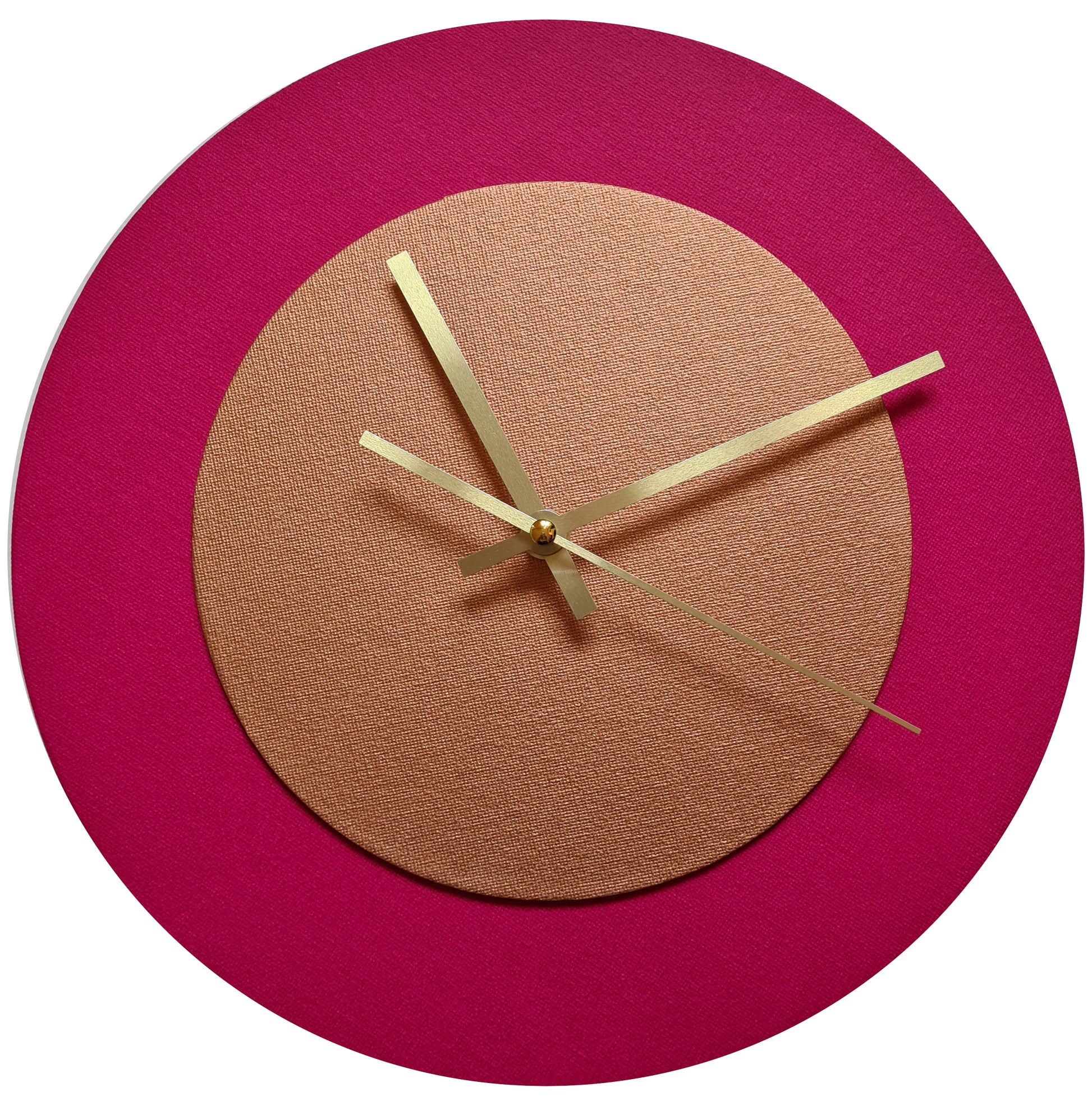 Pop Art Wanduhr Magenta  Bronzefarben mit goldenen Zeigern 30 cm rund
