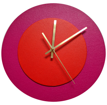 Pop Art Wanduhr Magenta  Hellrot mit goldenen Zeigern 30 cm rund
