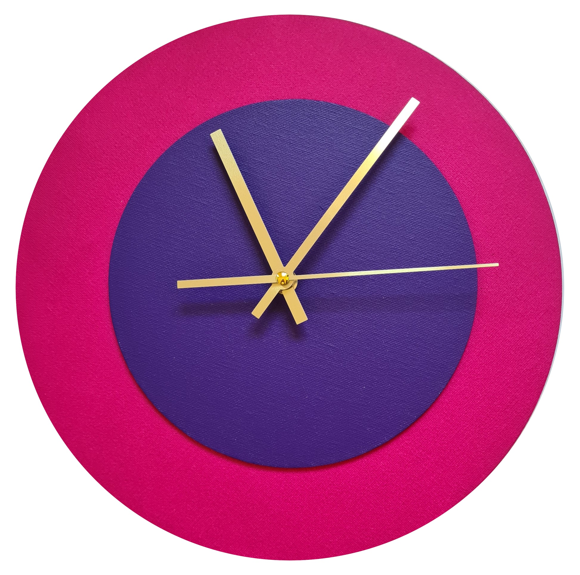 Pop Art Wanduhr Magenta Lilafarben mit goldenen Zeigern 30 cm rund
