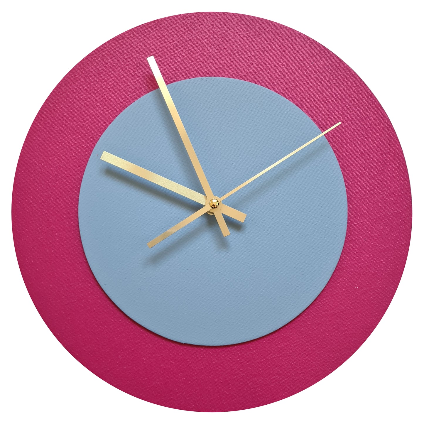 Pop Art Wanduhr Magenta Hellblau  mit goldenen Zeigern 30 cm rund
