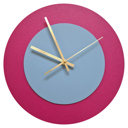 Pop Art Wanduhr Magenta Hellblau  mit goldenen Zeigern 30 cm rund

