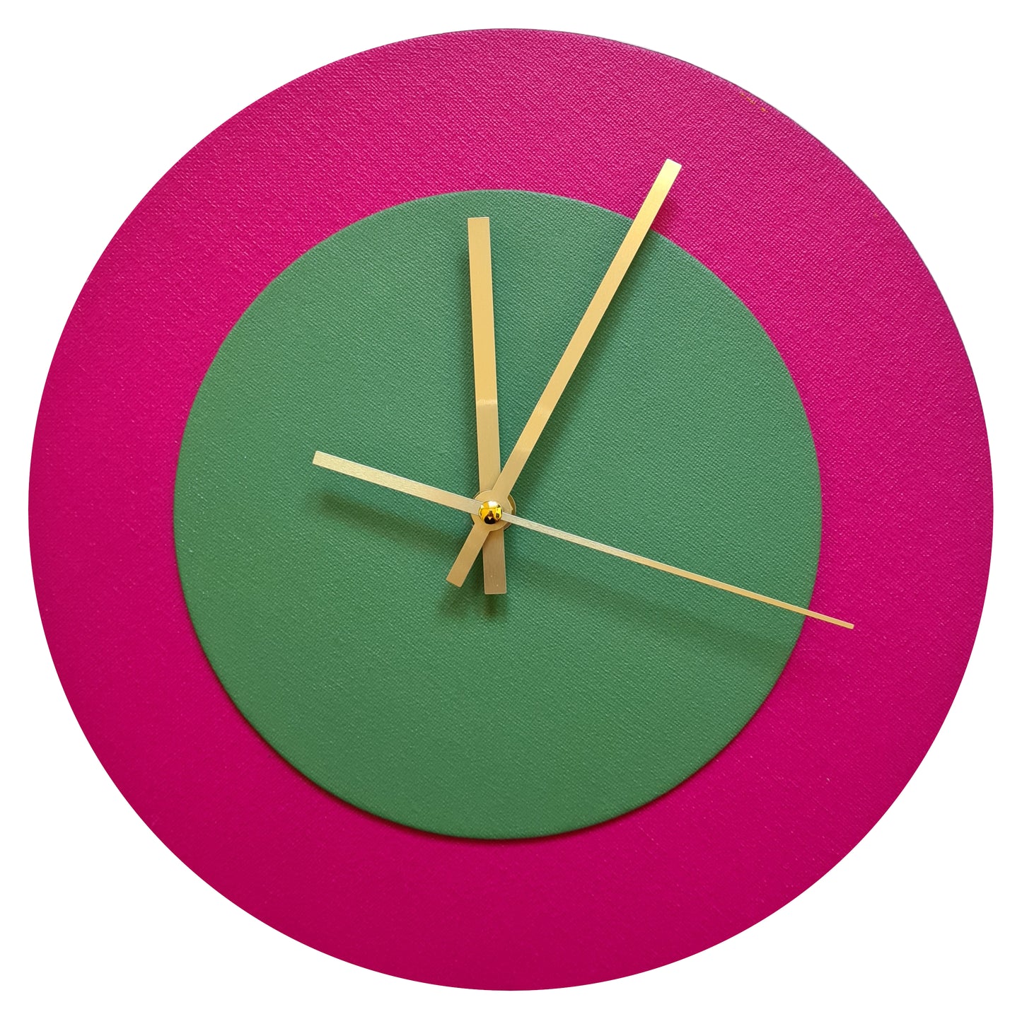 Pop Art Wanduhr Magenta  Laubgrün mit goldenen Zeigern 30 cm rund
