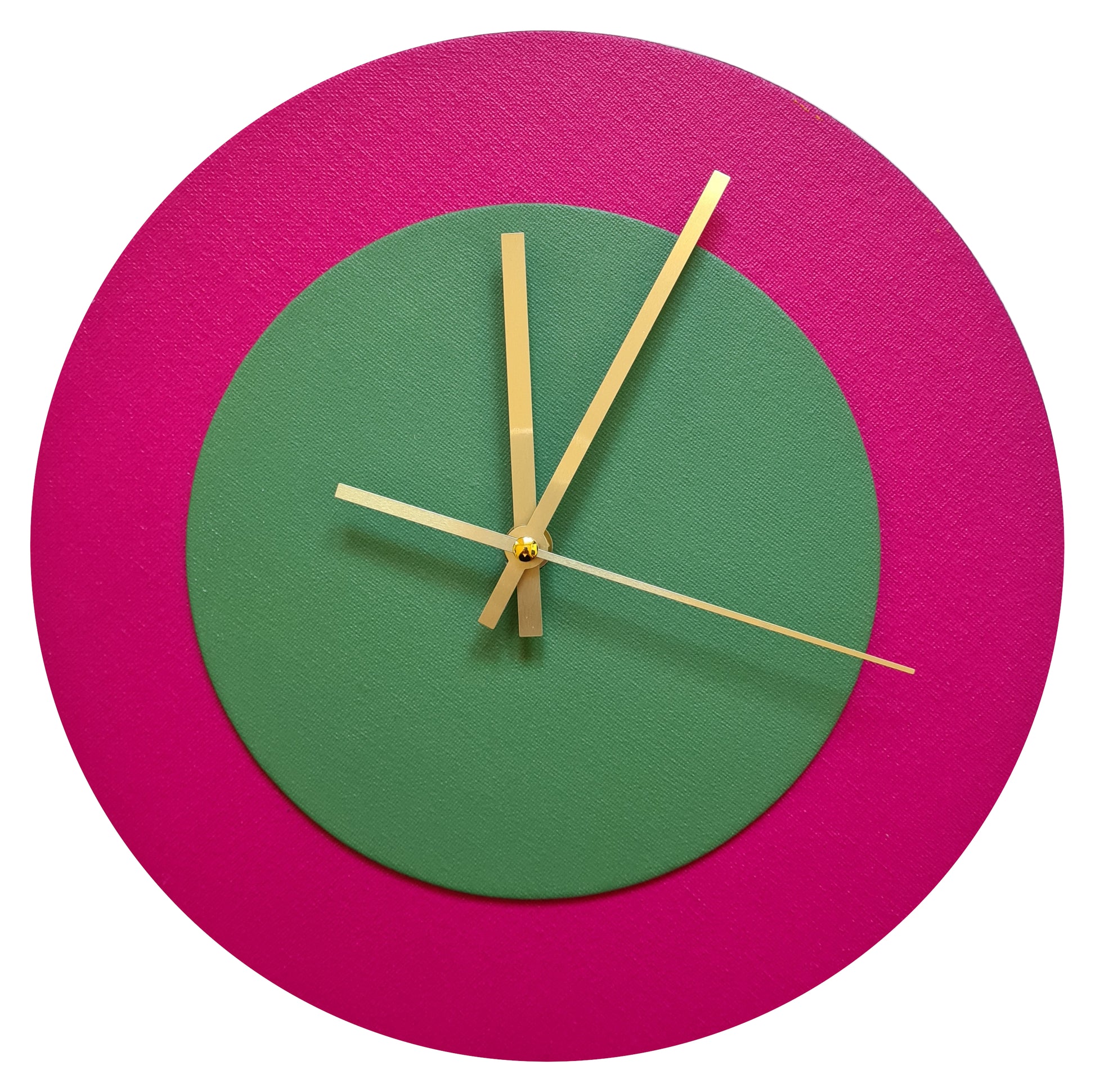 Pop Art Wanduhr Magenta  Laubgrün mit goldenen Zeigern 30 cm rund
