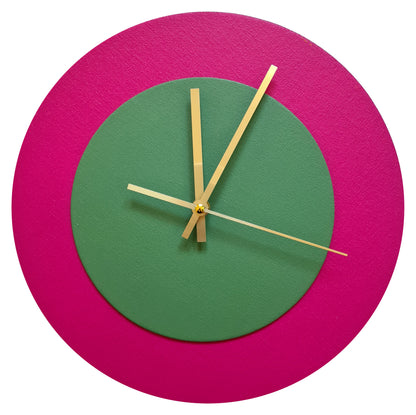 Pop Art Wanduhr Magenta  Laubgrün mit goldenen Zeigern 30 cm rund
