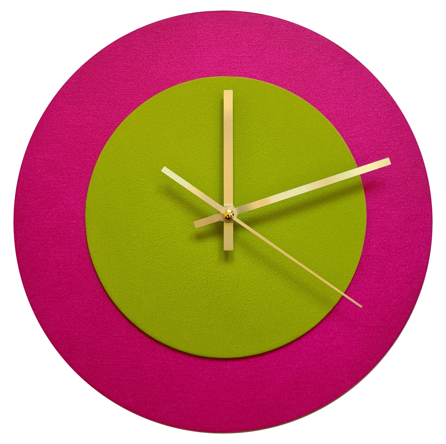 Pop Art Wanduhr Magenta  Olivgrün mit goldenen Zeigern 30 cm rund
