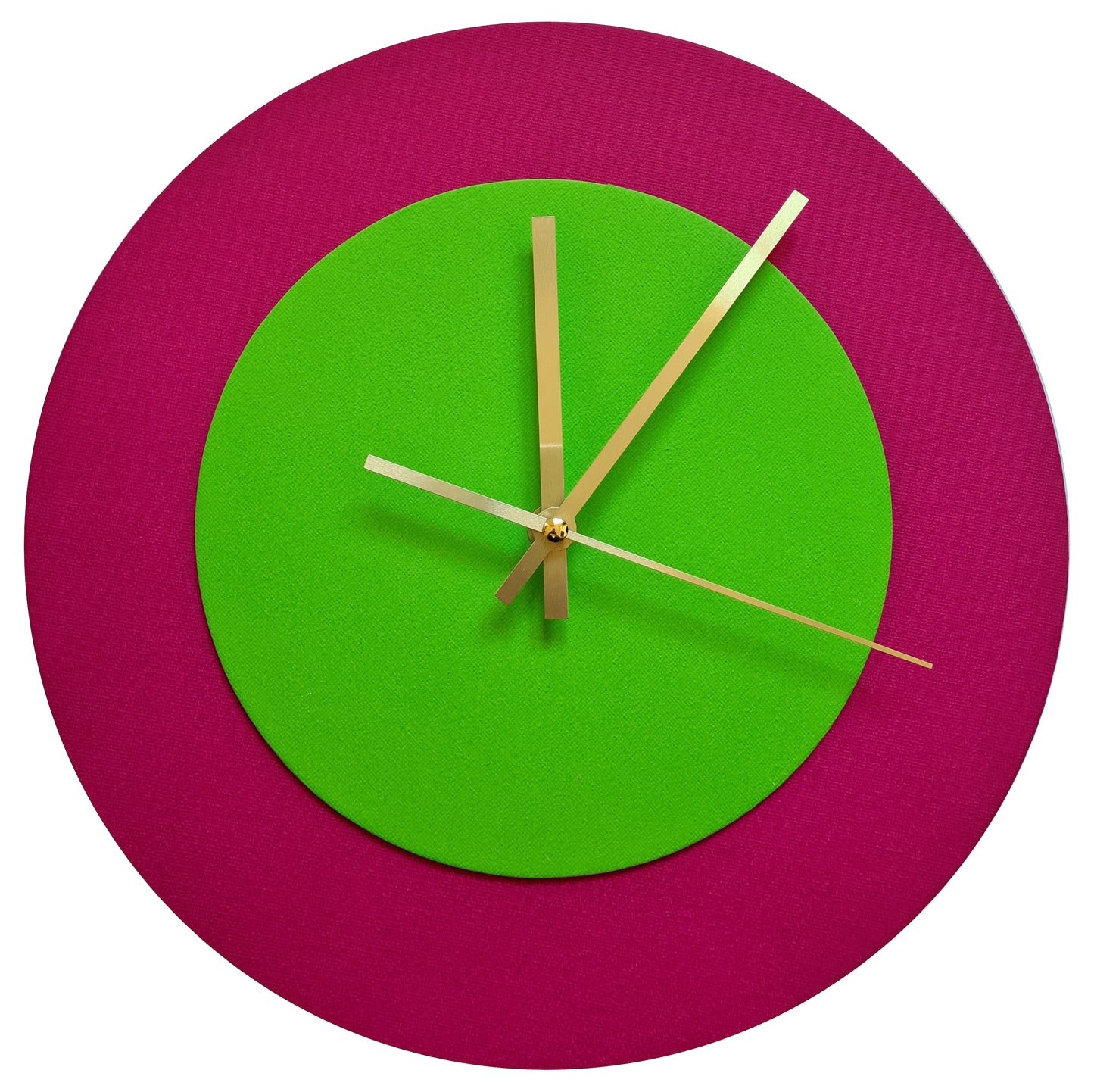 Pop Art Wanduhr Magenta  Hellgrün mit goldenen Zeigern 30 cm rund
