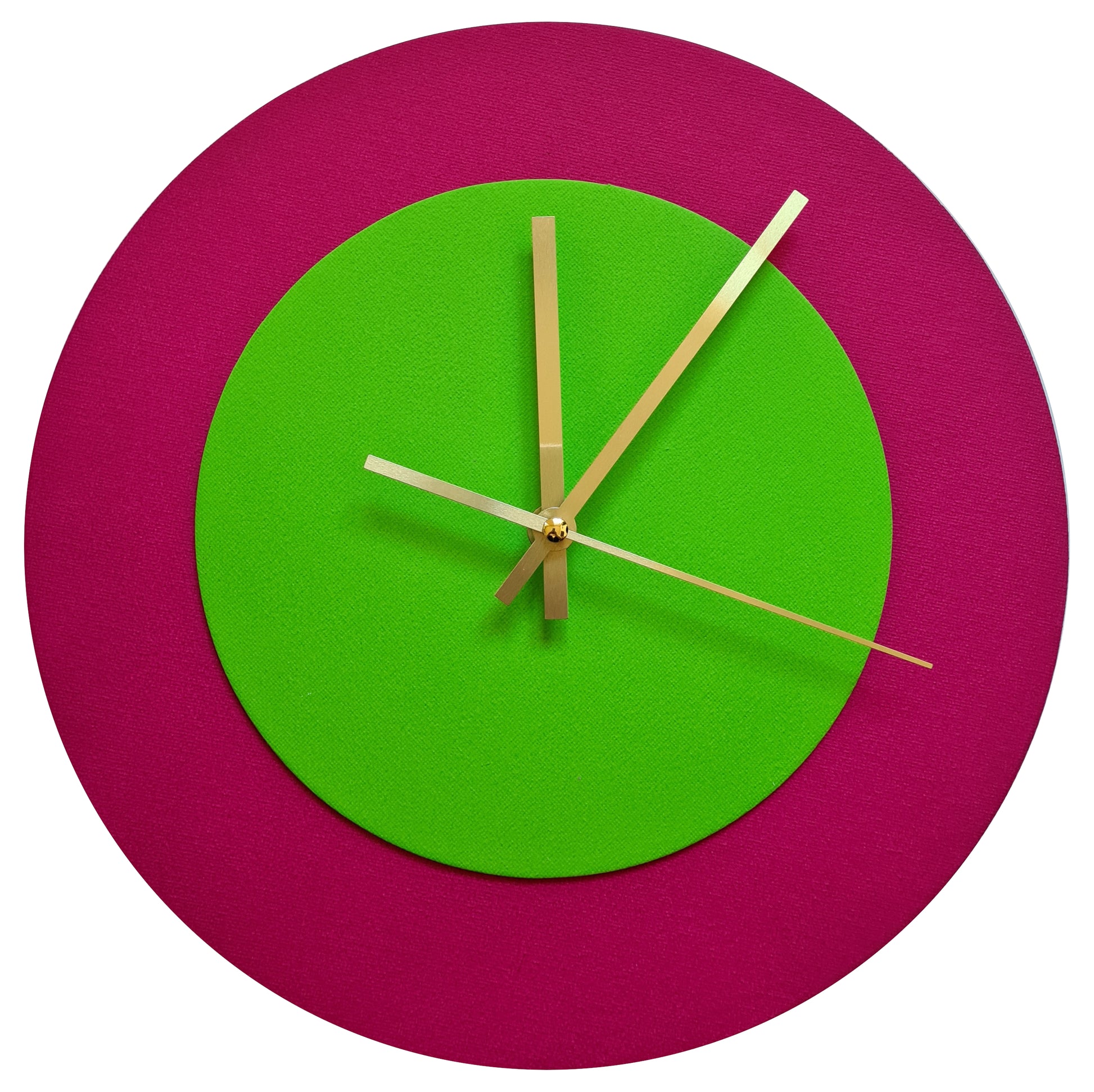 Pop Art Wanduhr Magenta  Hellgrün mit goldenen Zeigern 30 cm rund
