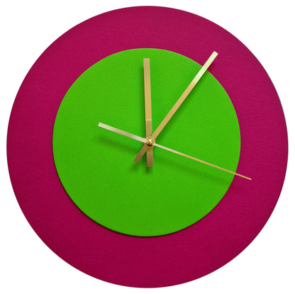 Pop Art Wanduhr Magenta  Hellgrün mit goldenen Zeigern 30 cm rund
