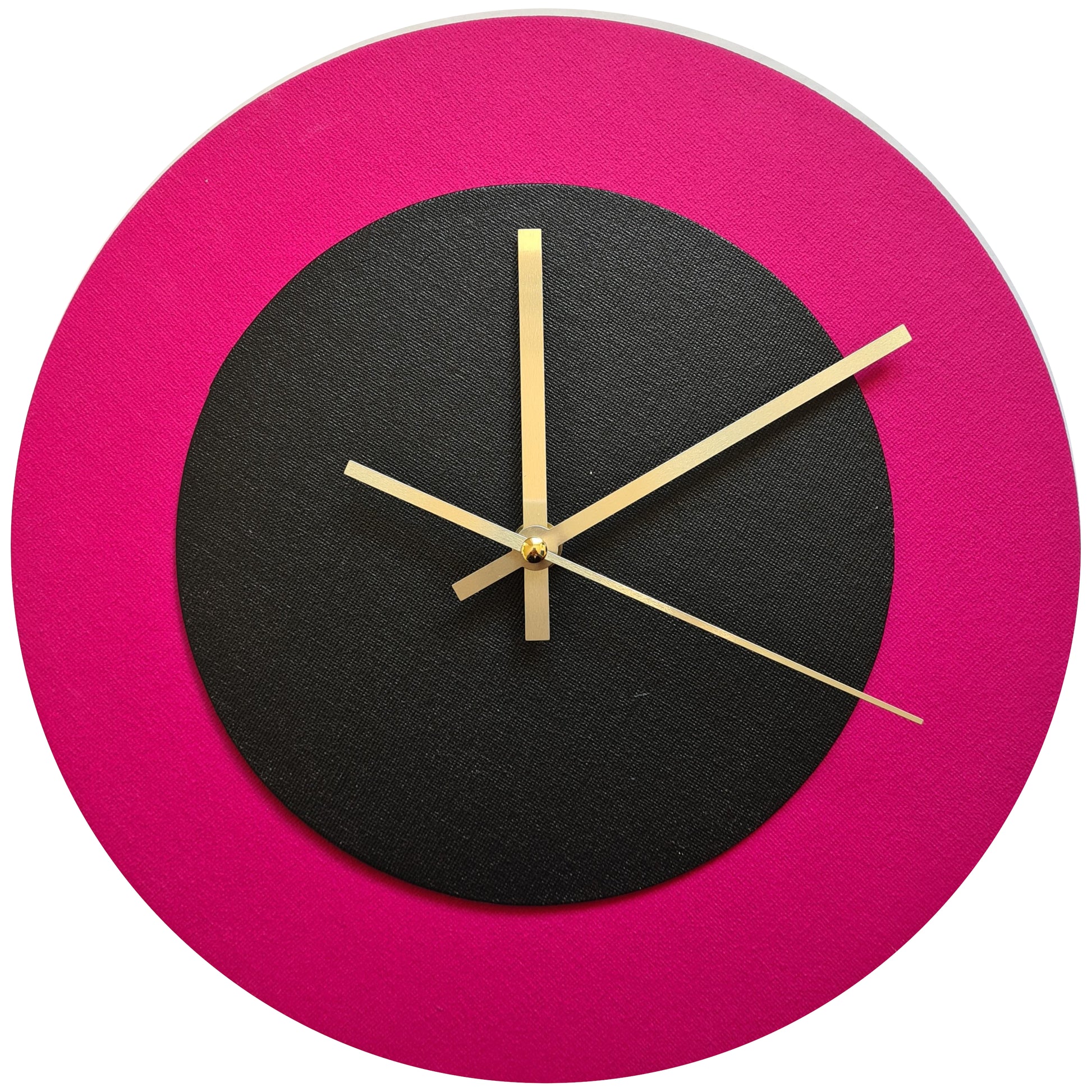 Pop Art Wanduhr Magenta  Schwarz mit goldenen Zeigern 30 cm rund
