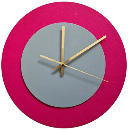 Pop Art Wanduhr Magenta  Grau mit goldenen Zeigern 30 cm rund
