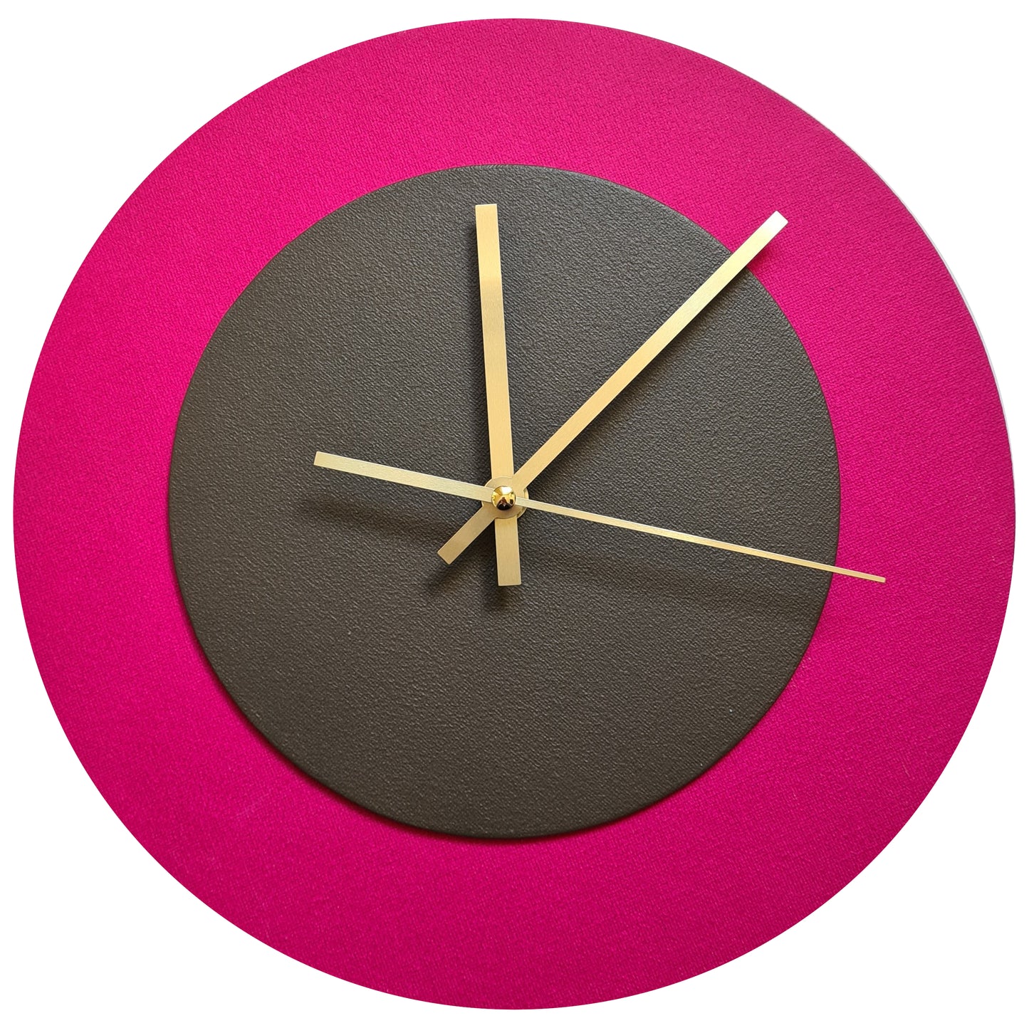 Pop Art Wanduhr Magenta  Dunkelbraun mit goldenen Zeigern 30 cm rund

