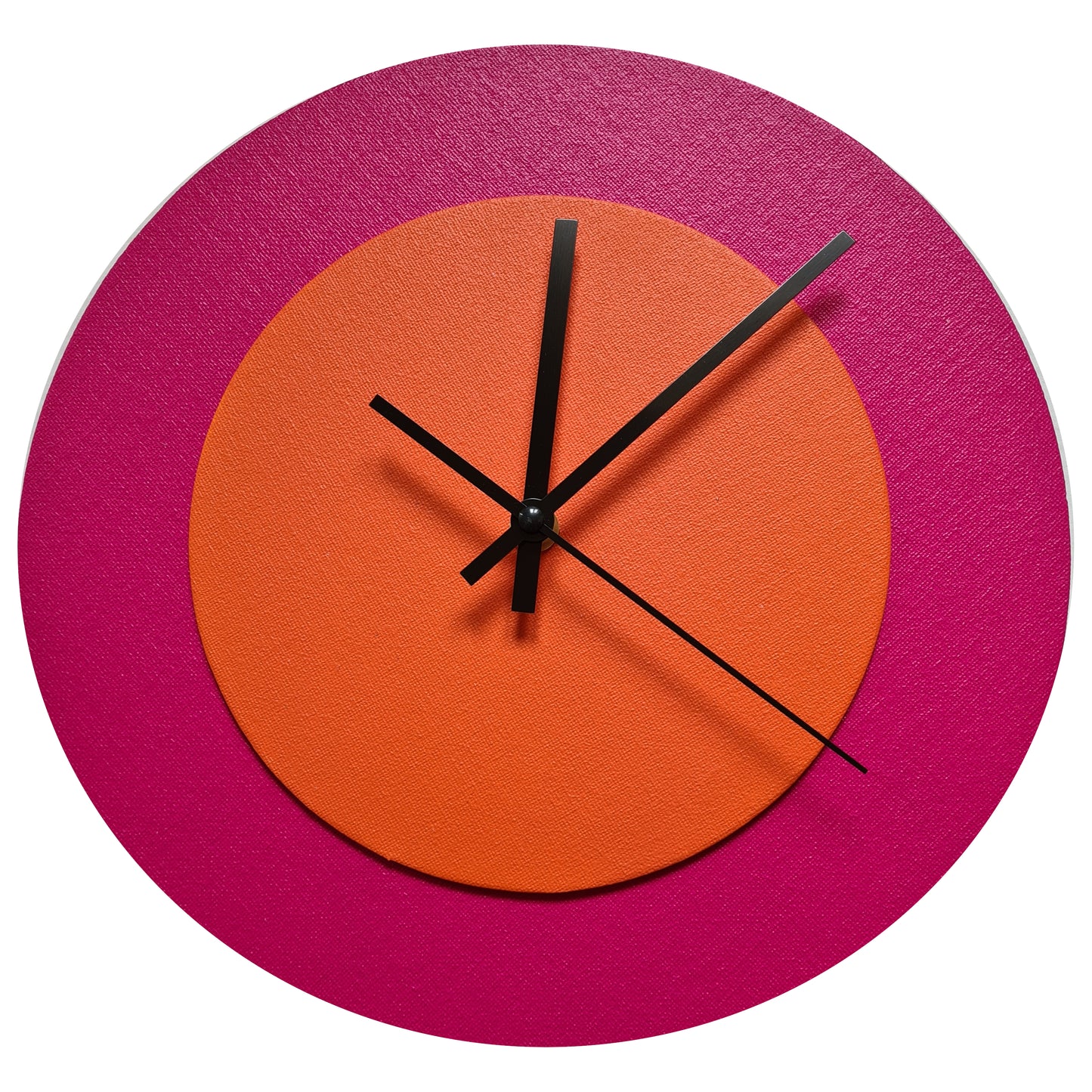 Pop Art Wanduhr Magenta  Orangefarben mit schwarzen Zeigern 30 cm rund
