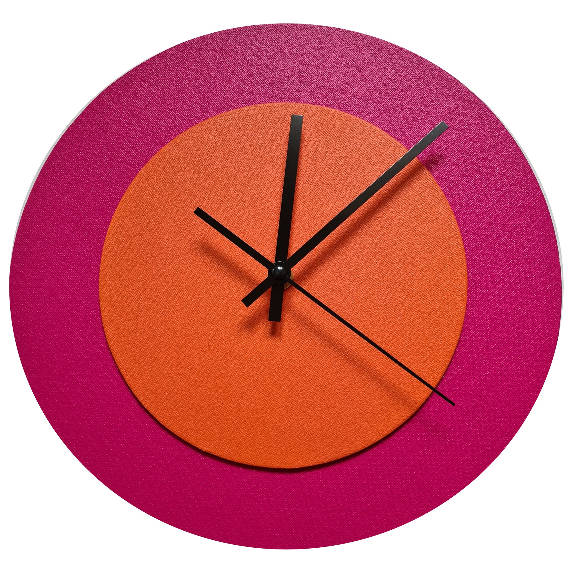 Pop Art Wanduhr Magenta  Orangefarben mit schwarzen Zeigern 30 cm rund
