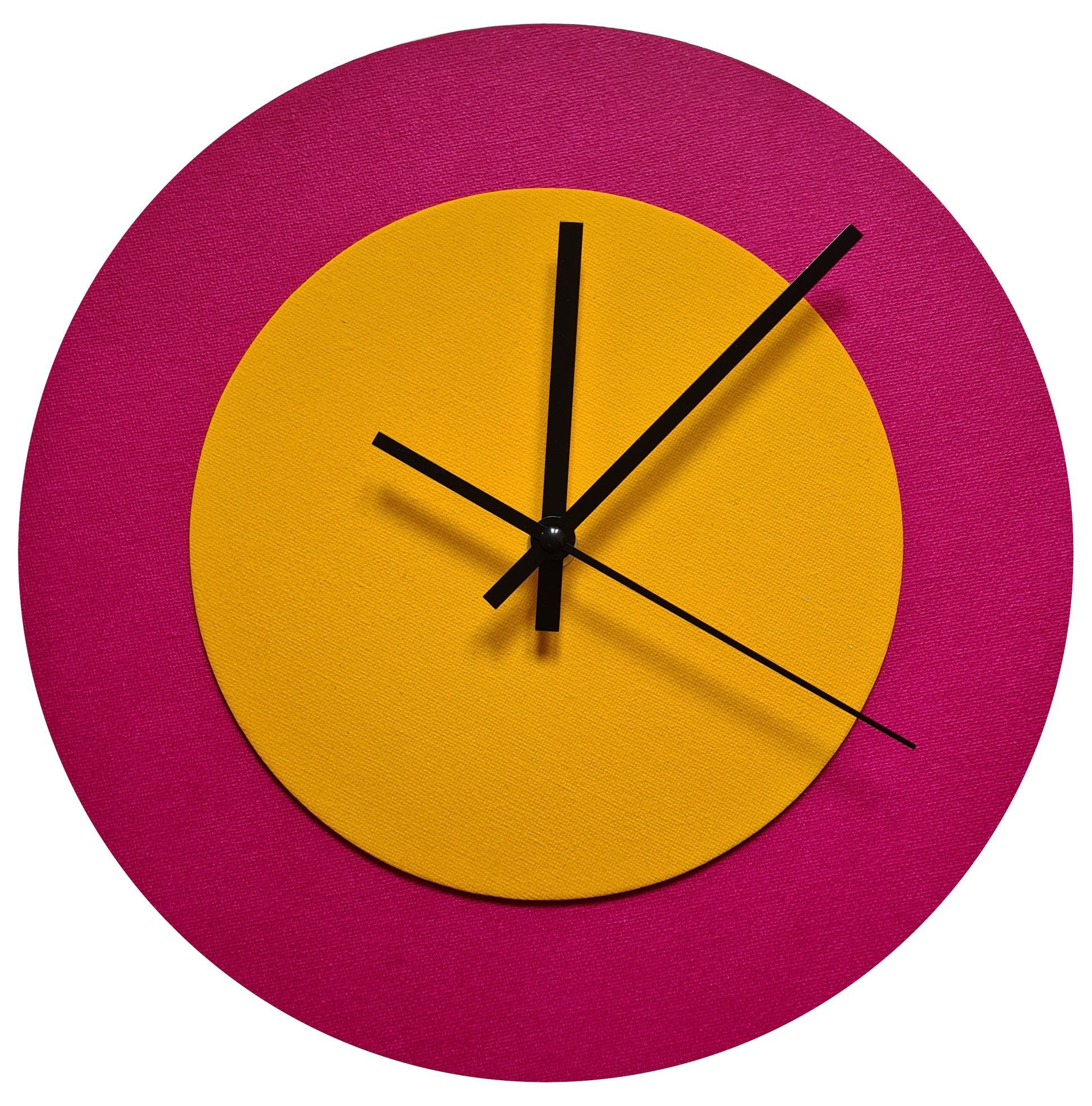 Pop Art Wanduhr Magenta  Hellgelb mit schwarzen Zeigern 30 cm rund
