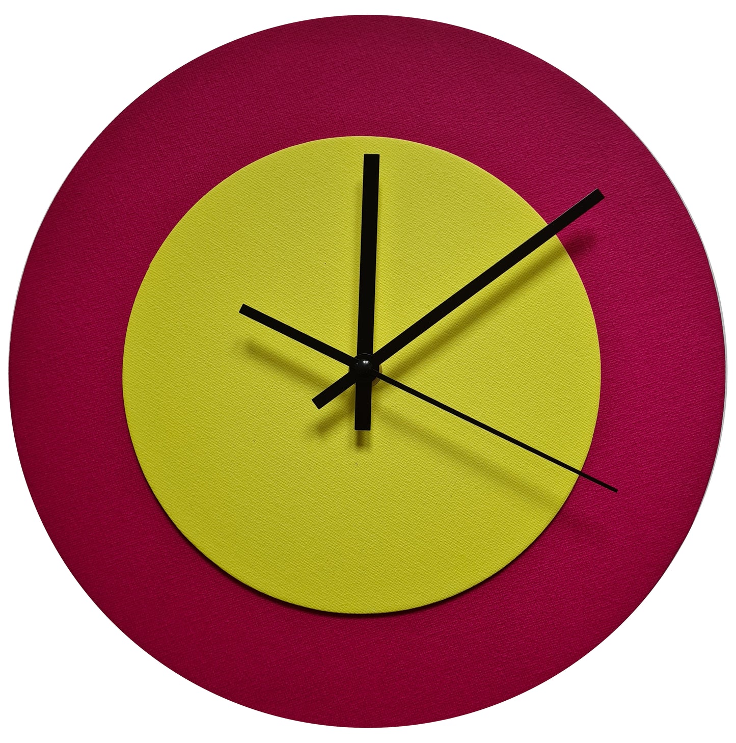 Pop Art Wanduhr Magenta  Farngrün mit schwarzen Zeigern 30 cm rund
