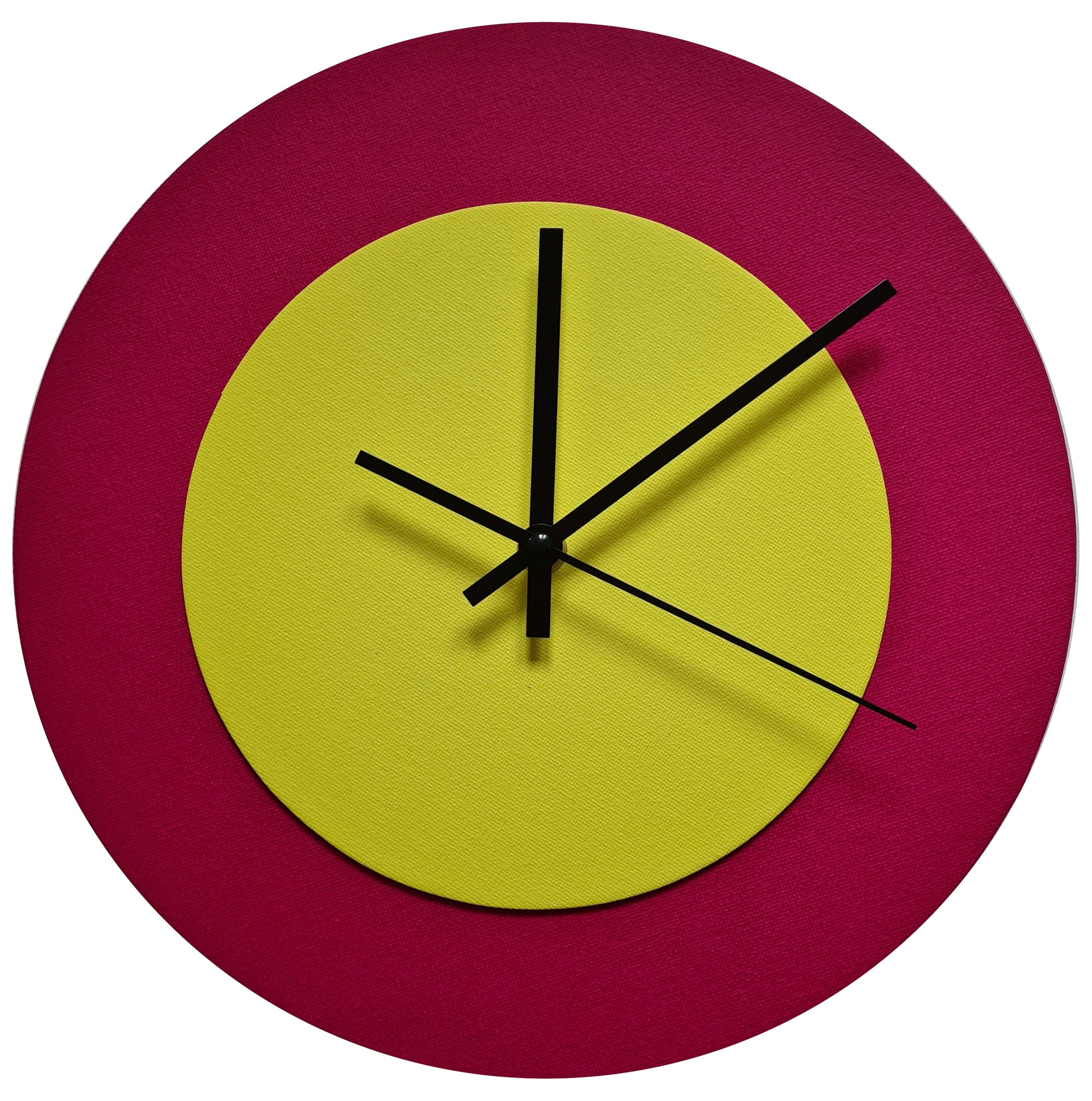 Pop Art Wanduhr Magenta  Farngrün mit schwarzen Zeigern 30 cm rund
