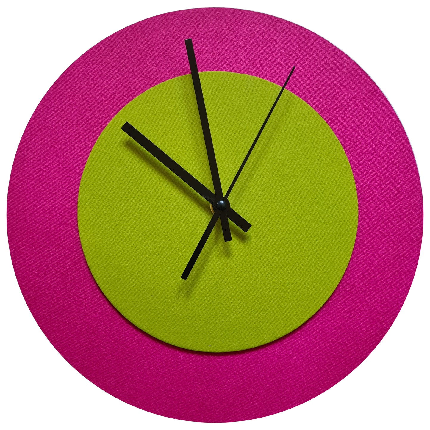 Pop Art Wanduhr Magenta Olivgrün mit schwarzen Zeigern 30 cm rund
