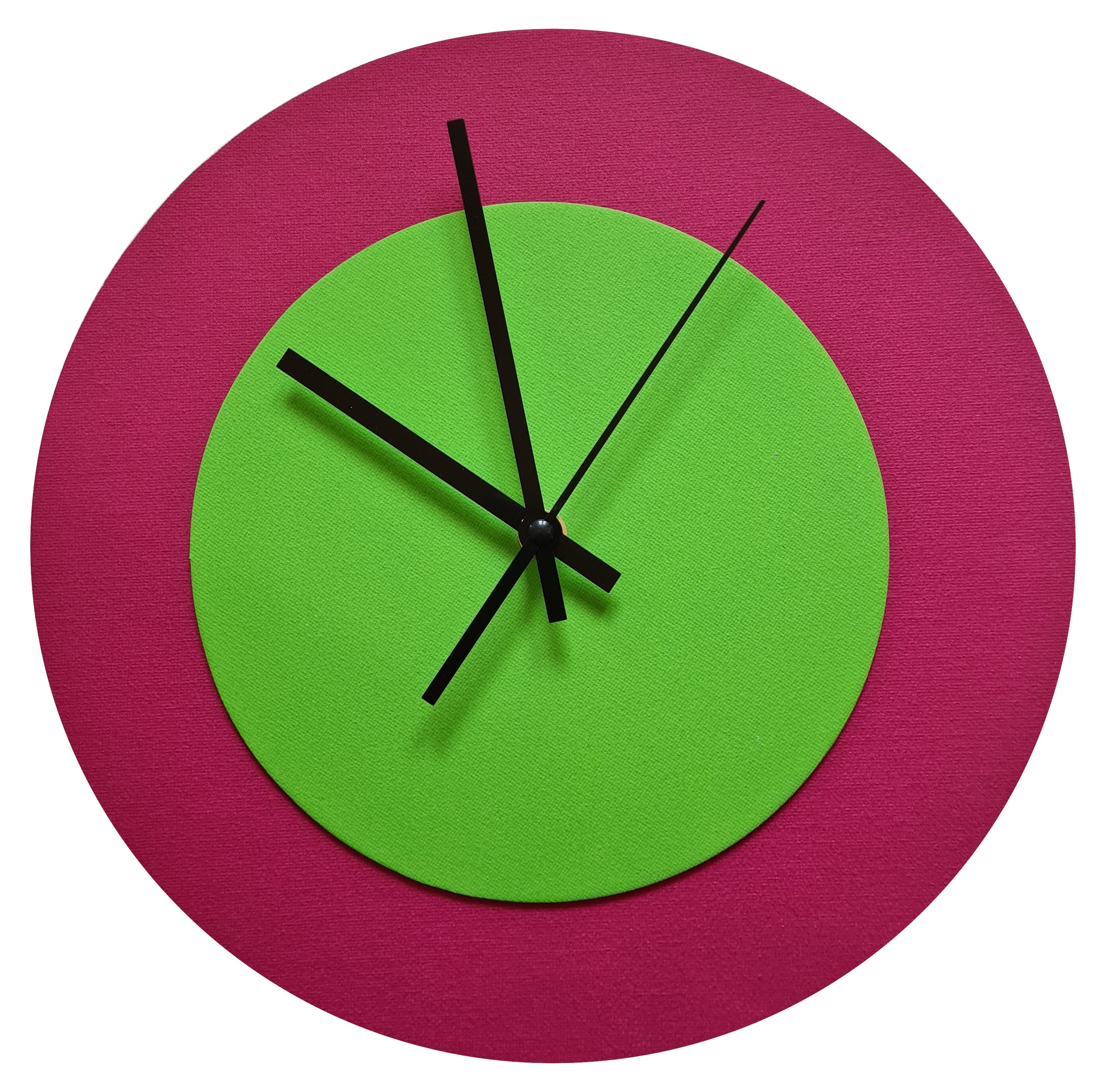 Pop Art Wanduhr Magenta  Hellgrün mit schwarzen Zeigern 30 cm rund
