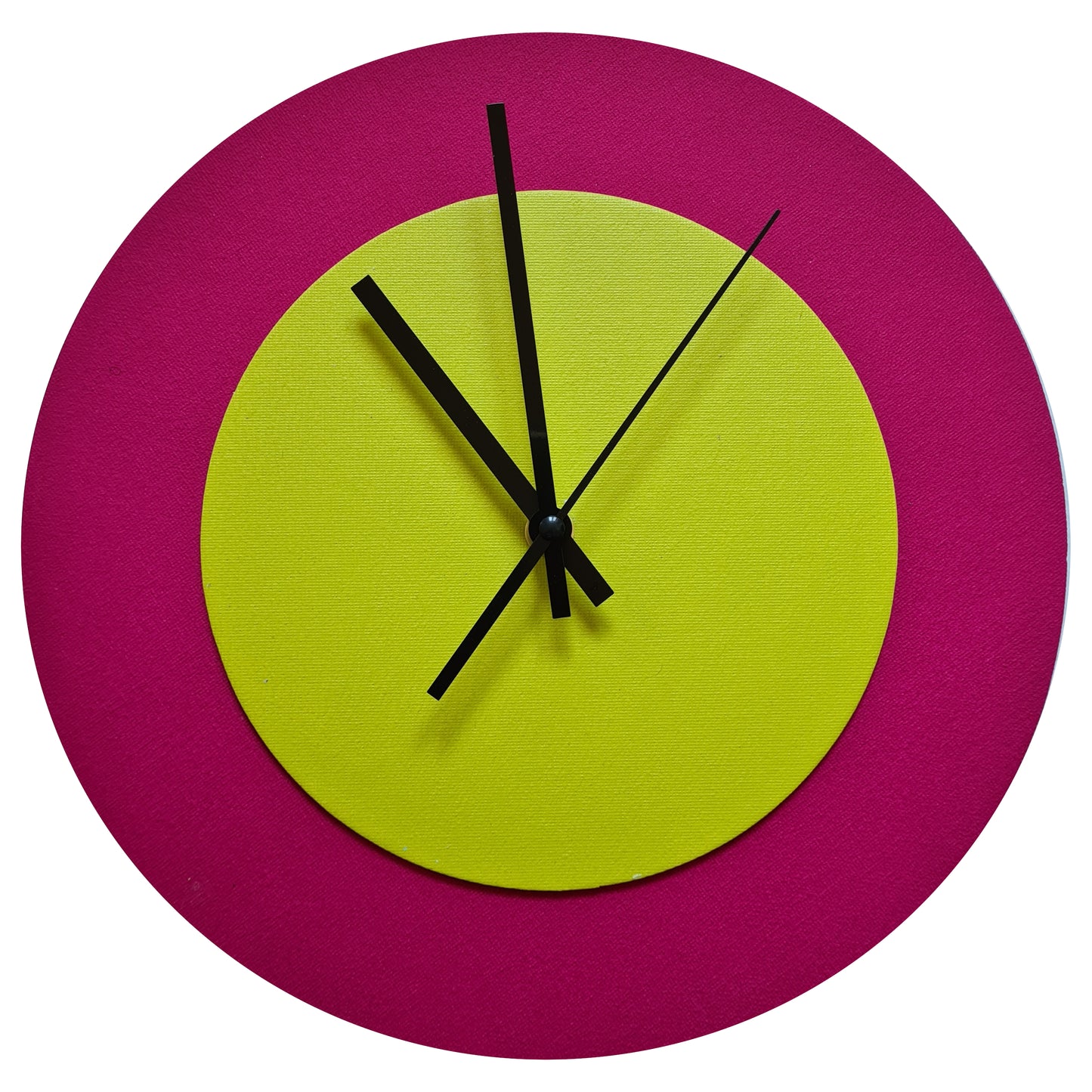 Pop Art Wanduhr Magenta  Farngrün mit schwarzen Zeigern 30 cm rund
