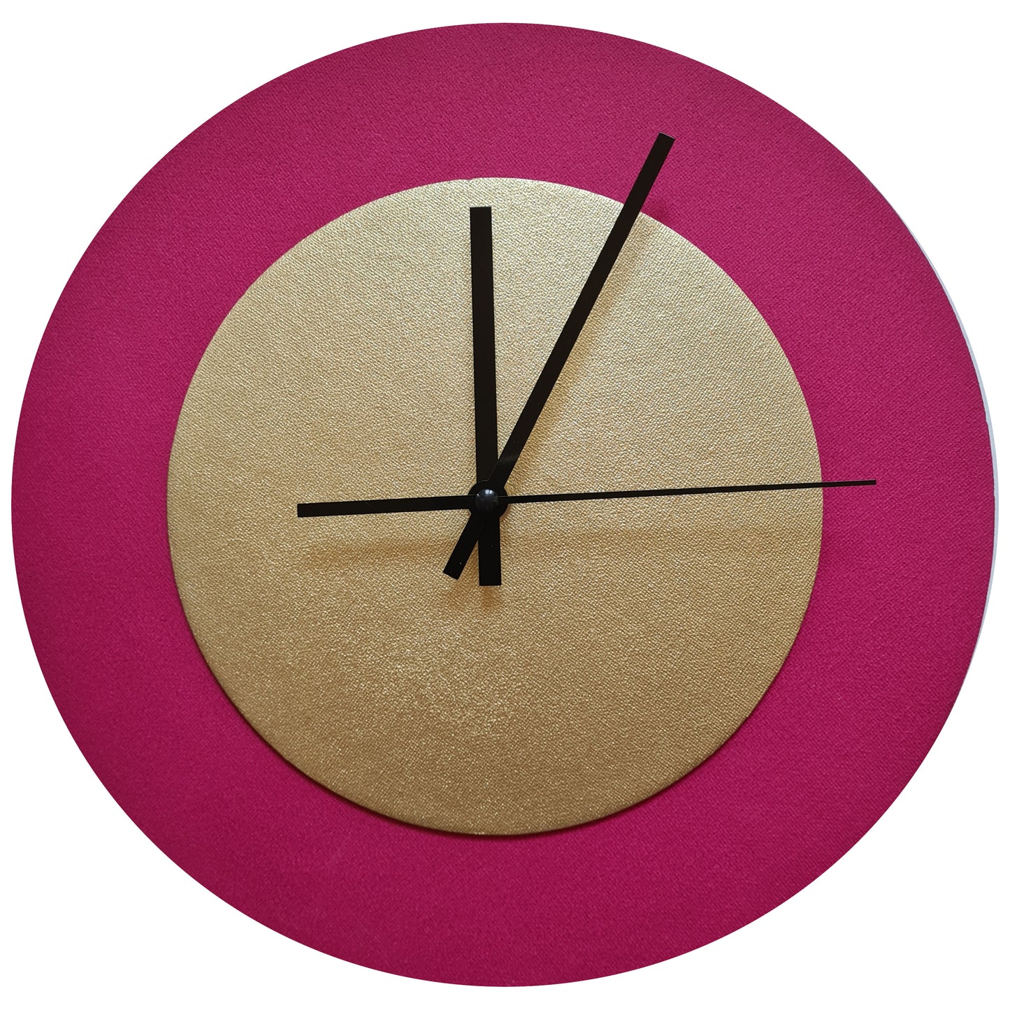 Pop Art Wanduhr Magenta Goldfarben  mit schwarzen Zeigern 30 cm rund
