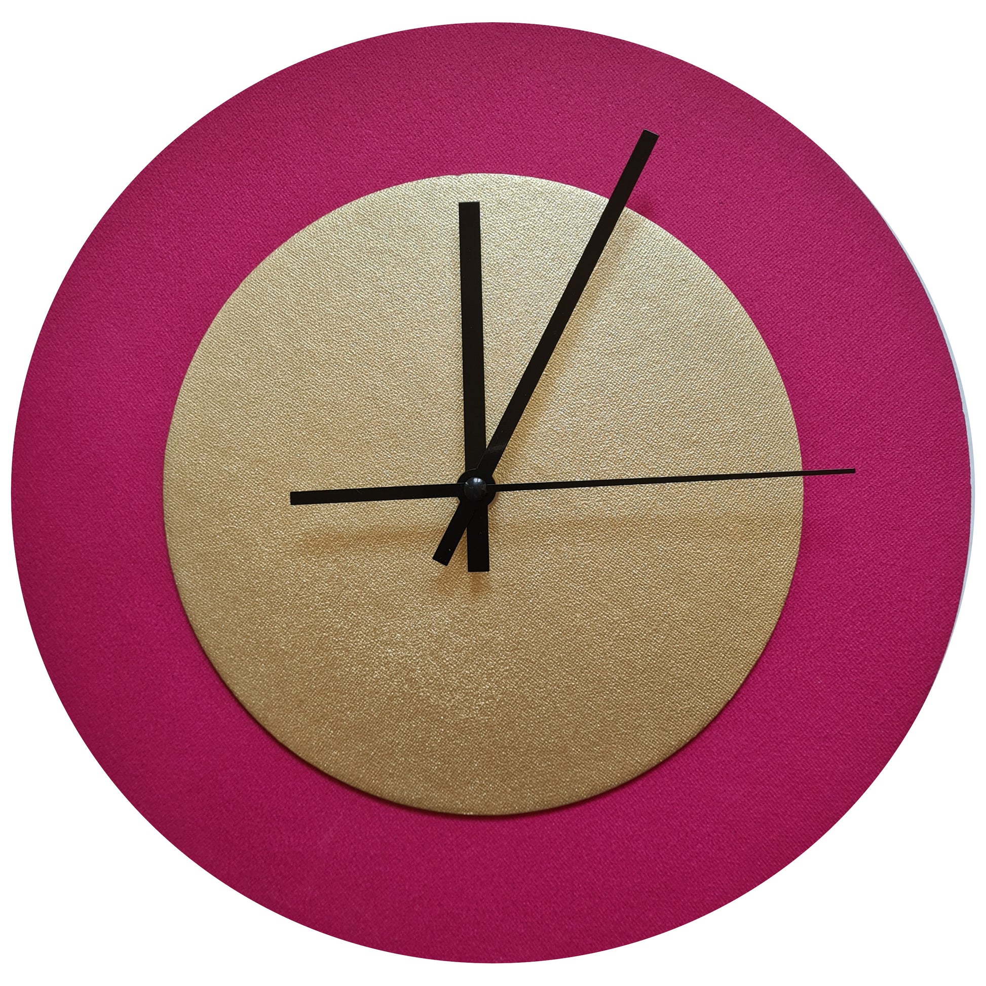 Pop Art Wanduhr Magenta Goldfarben  mit schwarzen Zeigern 30 cm rund
