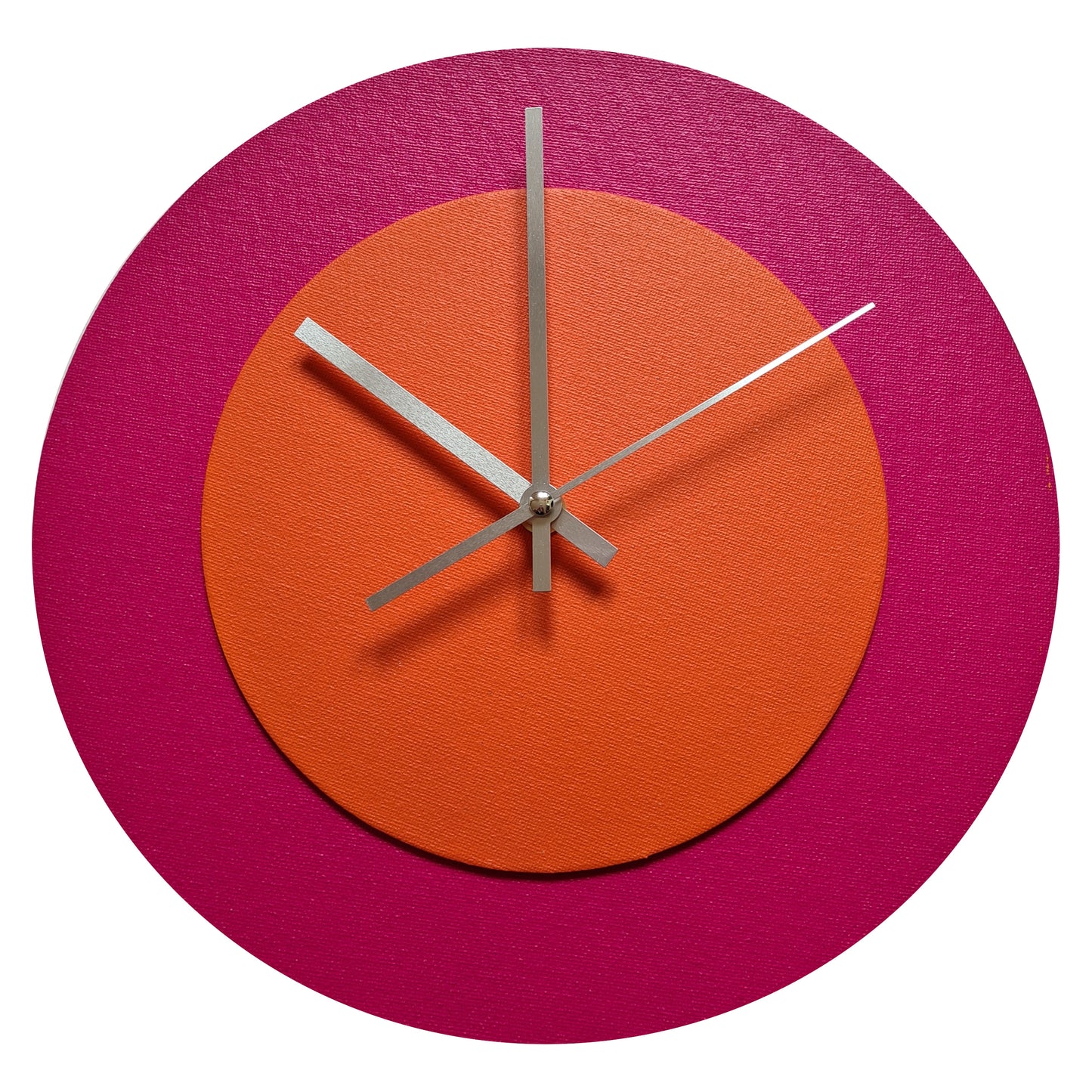Pop Art Wanduhr Magenta  Orangefarben mit silbernen Zeigern 30 cm rund
